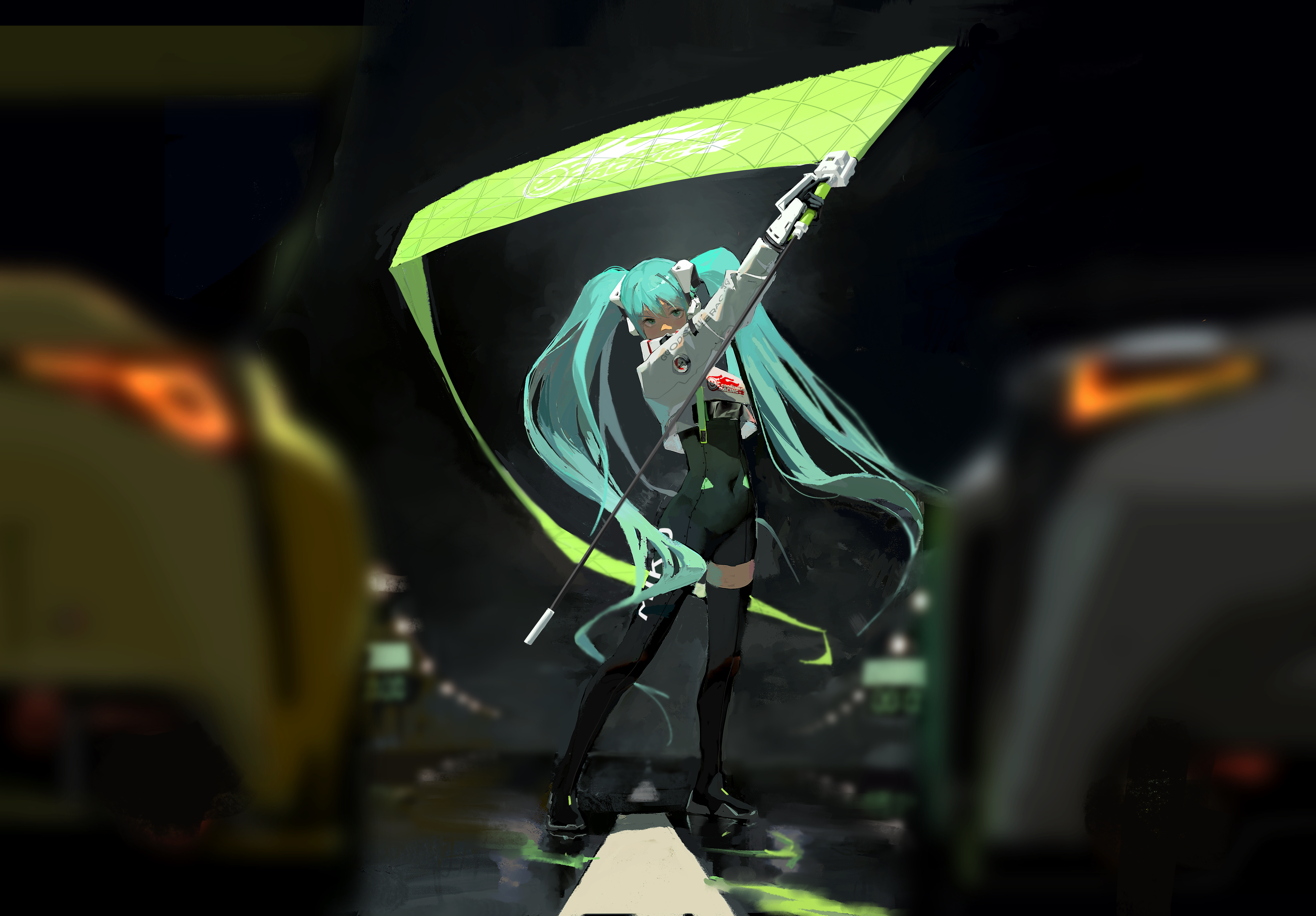 recon (54995499), hatsune miku, racing miku, racing miku (2022), goodsmile company, goodsmile racing, vocaloid, absurdres, commentary, english commentary, highres, 1girl, aqua eyes, aqua hair, asymmetrical bodysuit, black bodysuit, black gloves, blurry, blurry background, blurry foreground, bodysuit, boots, car, covered navel, cropped jacket, flag, flagpole, flame print, full body, gloves, green flag, green gloves, hair between eyes, holding, holding flag, holding pole, jacket, long hair, long sleeves, motor vehicle, night, outdoors, pole, race queen, race vehicle, racecar, racetrack, road, scenery, single leg bodysuit, single thigh boot, single thighhigh, smiley face, solo, spoiler (automobile), standing, text print, thigh boots, thighhighs, twintails, two-tone gloves, very long hair, white jacket