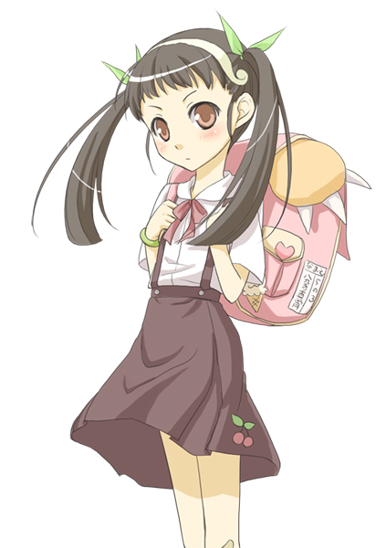 enaena (pixiv), ibuki ena, hachikuji mayoi, bakemonogatari, monogatari (series), 00s, backpack, bag, bandages, bracelet, brown hair, jewelry, randoseru, red eyes, school uniform, simple background, skirt, solo, suspender skirt, suspenders, twintails