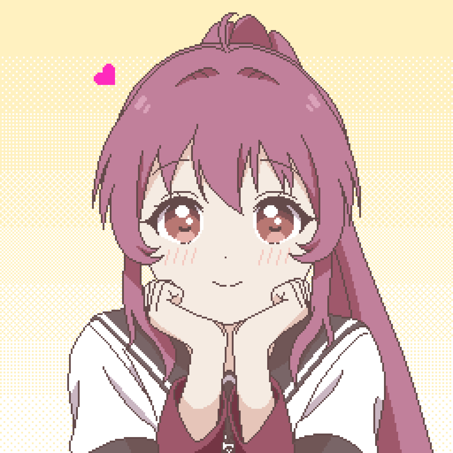 sugiura ayano, yuruyuri, commentary request, highres, 1girl, ahoge, black sailor collar, blonde hair, blush, hair intakes, hands on own cheeks, hands on own chin, hands on own face, head rest, heart, long hair, long sleeves, looking at viewer, nanamori school uniform, pixel art, ponytail, purple eyes, purple hair, sailor collar, sailor shirt, school uniform, shirt, simple background, smile, solo, upper body, white shirt, yuru kaze
