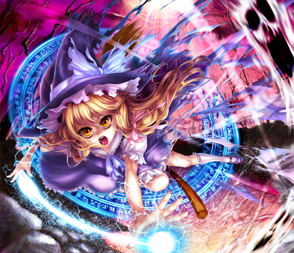 inuboe, kirisame marisa, touhou, 1girl, blonde hair, broom, female focus, gradient background, hat, long hair, magic circle, solo, witch, witch hat, yellow eyes