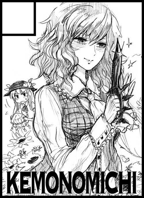 chihiro (kemonomichi), hinanawi tenshi, kazami yuuka, touhou, 2girls, ascot, black border, blouse, border, circle cut, female focus, flower, food, fruit, greyscale, hat, kaname-ishi, knife, monochrome, multiple girls, peach, plaid clothes, plaid vest, shirt, smile, sparkle, vest
