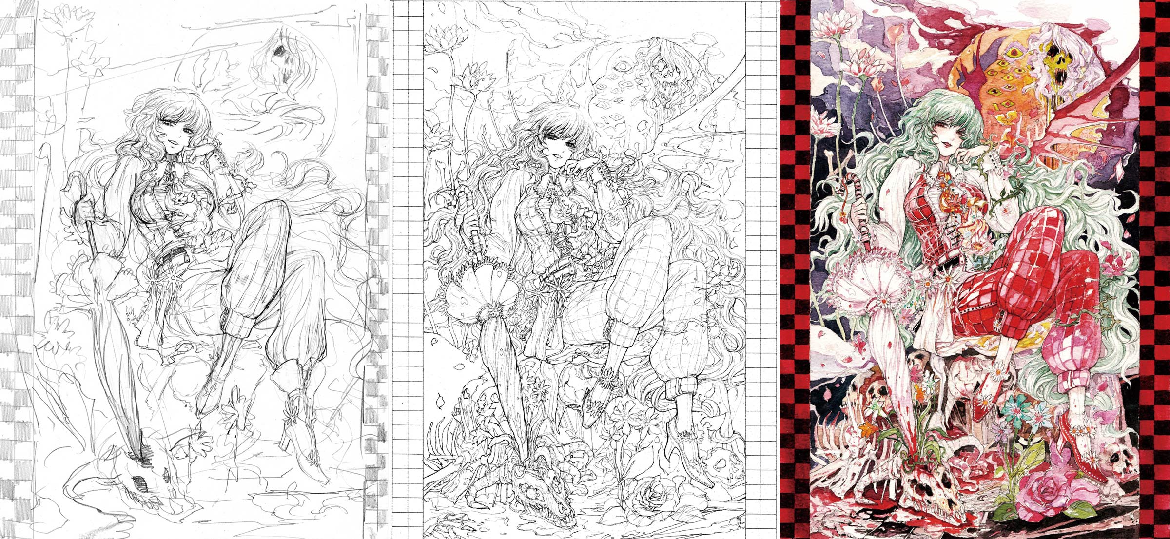 chihiro (kemonomichi), kazami yuuka, kazami yuuka (pc-98), mystic square, touhou, touhou (pc-98), highres, long image, wide image, 1girl, ascot, blood, breasts, closed umbrella, crossed legs, female focus, flower, green hair, high heels, large breasts, long hair, moon, pants, parasol, plaid clothes, plaid pants, plaid vest, red eyes, shoes, sitting, sketch, skull, umbrella, vest