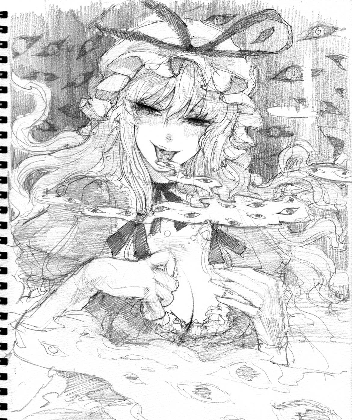 chihiro (kemonomichi), yakumo yukari, touhou, graphite (medium), highres, traditional media, 1girl, breasts, cleavage, female focus, greyscale, hat, large breasts, monochrome, solo, upper body