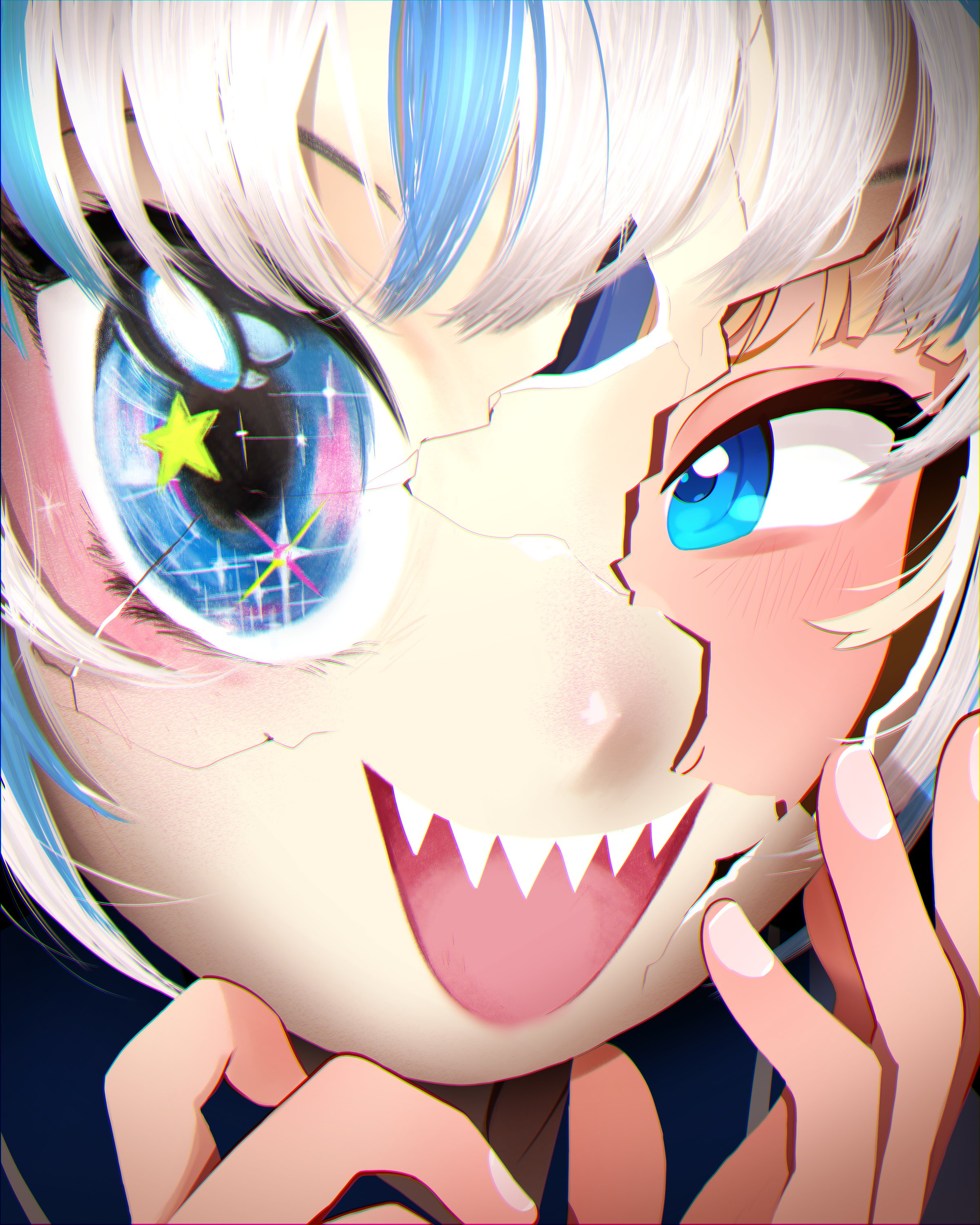 khyle., gawr gura, sameko saba, hololive, hololive english, indie virtual youtuber, absurdres, commentary, english commentary, highres, 1girl, blonde hair, blue eyes, blue hair, broken mask, cracked kawaii mask, cracked mask, looking at viewer, mask, multicolored hair, open mouth, sharp teeth, smile, solo, streaked hair, teeth, virtual youtuber