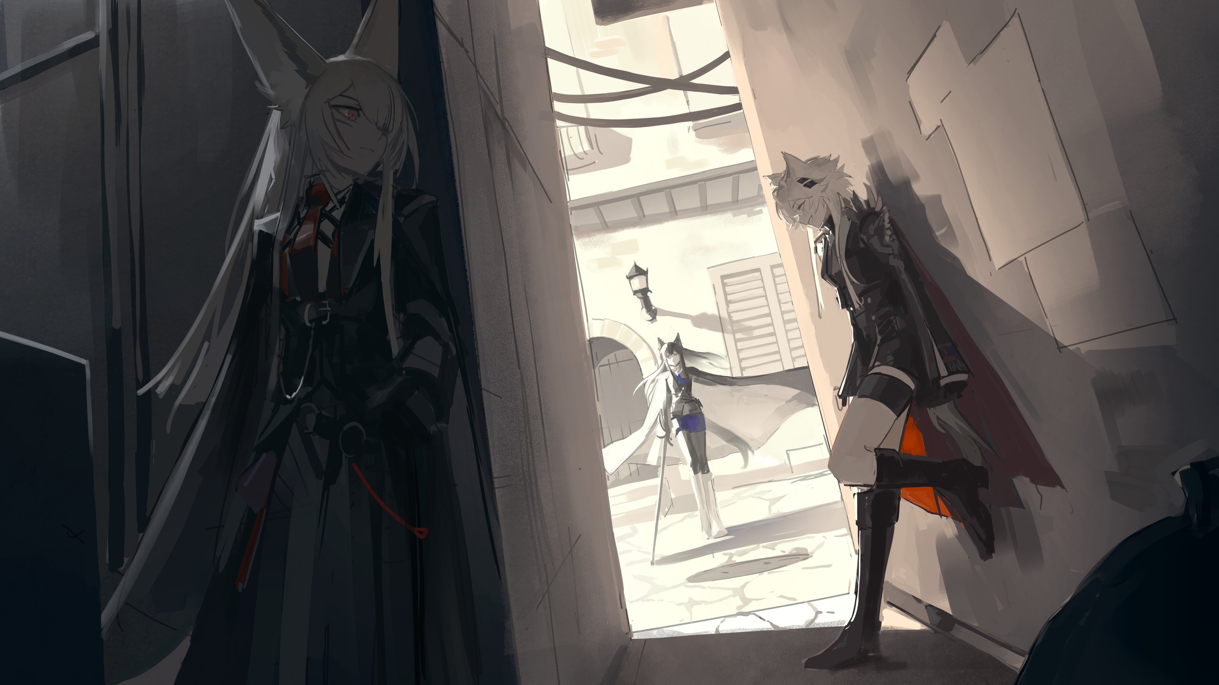 phyriaxi, lappland (arknights), lappland the decadenza (arknights), texas (arknights), texas the omertosa (arknights), vulpisfoglia (arknights), arknights, absurdres, commentary, highres, 3girls, against wall, alley, animal ear fluff, animal ears, black boots, black gloves, black hair, black jacket, black pantyhose, black skirt, black vest, blonde hair, blue necktie, blue shorts, boots, cape, closed mouth, coat, coat on shoulders, cropped jacket, facial scar, foot against wall, fox ears, fox girl, gloves, grey tail, grin, hair between eyes, hair ornament, hairclip, high-waist skirt, holding, holding sword, holding weapon, jacket, long hair, long sleeves, multiple girls, necktie, official alternate costume, orange eyes, outdoors, pantyhose, pantyhose under shorts, red cape, red necktie, scar, scar across eye, scar on cheek, scar on face, shorts, single shoulder pad, skirt, smile, standing, sword, tail, thigh strap, torn clothes, torn necktie, vest, weapon, white boots, wolf brooch, wolf ears, wolf girl, wolf tail