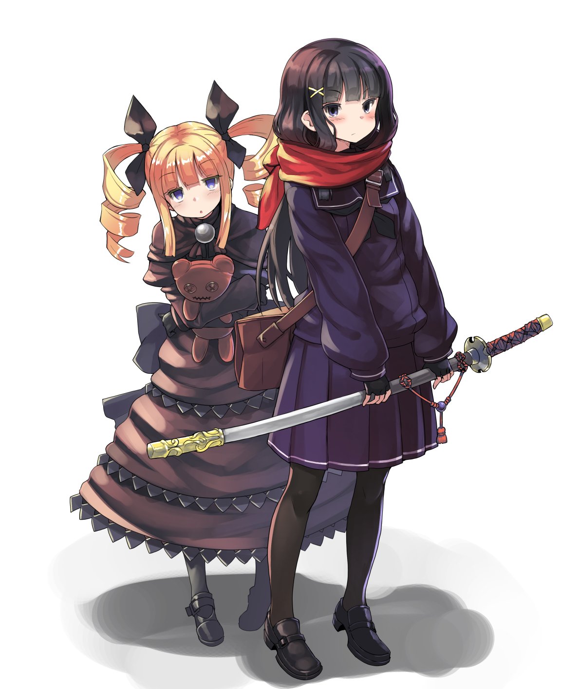 itou ryuusei, original, commentary request, highres, 2girls, :o, black gloves, black hair, black ribbon, black shoes, blonde hair, blue eyes, brown bag, brown dress, dress, drill hair, expressionless, fingerless gloves, gloves, hair ribbon, holding, holding sword, holding weapon, hugging doll, hugging object, long sleeves, looking at viewer, multiple girls, pleated skirt, ribbon, sheath, sheathed, shoes, skirt, stuffed animal, stuffed toy, sword, teddy bear, twin drills, twintails, weapon