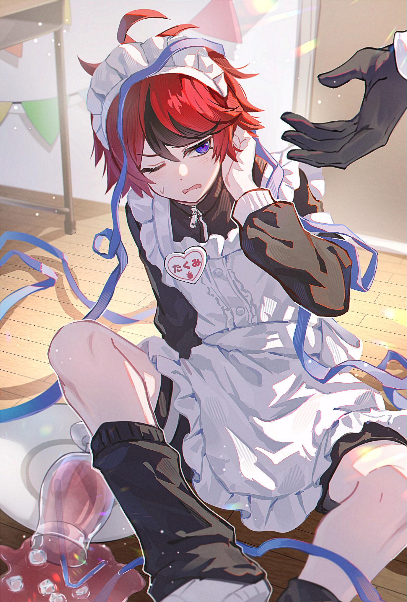 aotsuki eito, sumino takumi, the hundred line -last defense academy-, chinese commentary, commentary request, highres, 2boys, ahoge, alternate costume, apron, black jacket, black leg warmers, black streaks, blue eyes, blue ribbon, crossdressing, crossdressing (mtf), drinking straw, enmaided, fallen down, frills, ice, ice cube, indoors, jacket, leg warmers, long sleeves, looking at another, maid, maid apron, maid headdress, male focus, male maid, multicolored hair, multiple boys, one eye closed, out of frame, plate, red hair, ribbon, sevenleaves7, shoes, short hair, solo focus, spilled drink, streaked hair, sweatdrop, white apron, white shoes