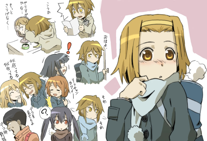 thor (pixiv240171), akiyama mio, hirasawa yui, kaneda shoutarou (akira), kotobuki tsumugi, nakano azusa, tainaka ritsu, akira (manga), k-on!, 1980s (style), translated, 00s, 6+girls, alternate hairstyle, hair down, hairband, multiple girls, oldschool, retro artstyle, scarf, short hair, yellow eyes