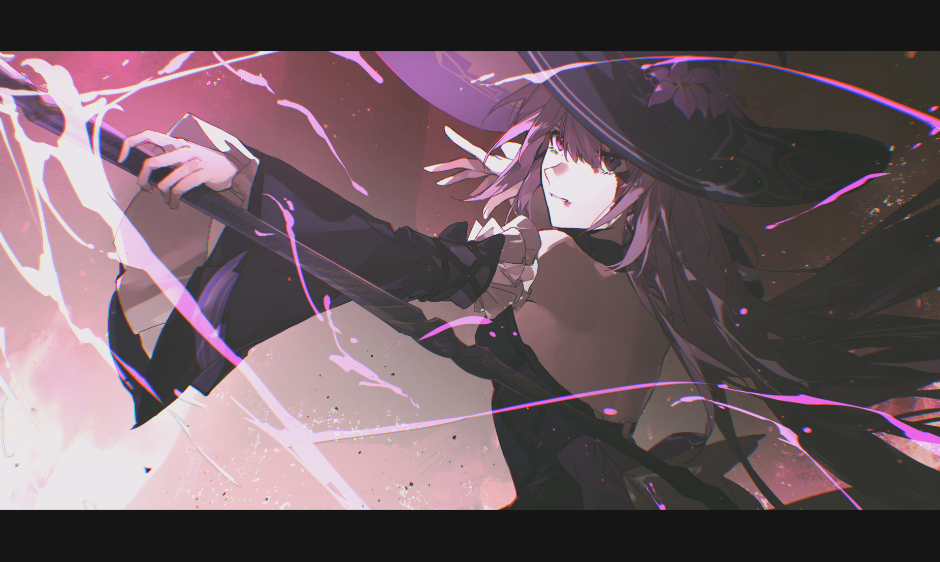 cheonyeon-hi, herta (honkai: star rail), the herta (honkai: star rail), honkai: star rail, honkai (series), commentary, english commentary, highres, 1girl, alternate universe, bad end, black dress, blood, blood from forehead, casting spell, dress, flower, flower in hat, hat, lightning, long sleeves, purple flower, staff, white hair, witch hat