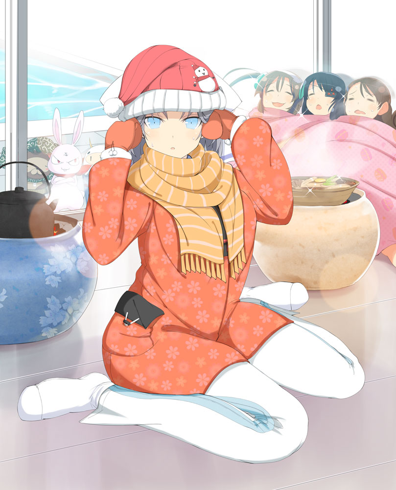 aimu (senran kagura), minori (senran kagura), mirai (senran kagura), ninto (senran kagura), pontarou (senran kagura), yumi (senran kagura), senran kagura, senran kagura new wave, senran kagura shinovi versus, senran kagura shoujo-tachi no shin'ei, official art, 1girl, 3others, 4girls, :<, :d, :o, animal ears, black hair, blue eyes, blush, bow, brown hair, bucket, cape, closed eyes, coat, cooking, cow, cow horns, curled ends, curly hair, eyepatch, fire, floral print, floral print coat, food, food print, fur-trimmed mittens, fur trim, green cape, grey hair, hair between eyes, hair bow, hat, horns, leaf, leaf on head, looking at viewer, macaron print, mitsudomoe (shape), mittens, multiple girls, multiple others, official alternate costume, open mouth, orange scarf, pants, pink blanket, pool, rabbit, rabbit ears, raccoon, red coat, red eyes, red mittens, red scarf, ring hair ornament, santa hat, scarf, short hair, sitting, sleeping, smile, snowman print, socks, sparkle, steam, striped bow, striped clothes, striped scarf, teapot, tile floor, tiles, tomoe (symbol), twintails, ushiwakamaru (senran kagura), vase, wariza, white bow, white pants, white socks, window