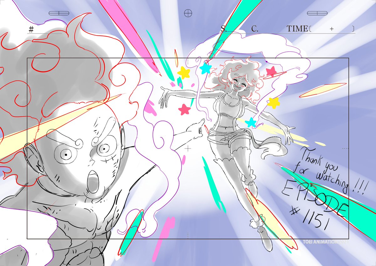 jewelry bonney, monkey d. luffy, one piece, toei company, artist request, official art, 1boy, 1girl, alternate form, breasts, cloud hair, cover, curvy, gear fifth, happy, large breasts, long hair, looking at viewer, piercing, pointing, pun, sketch, sky, smile, wide hips