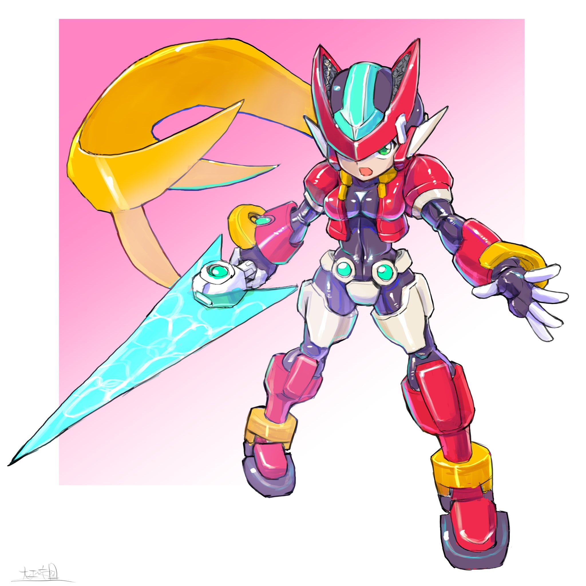 oomasa teikoku, aile (mega man zx), model zx (mega man), mega man (series), mega man zx, commentary request, highres, 1girl, armor, black bodysuit, blonde hair, bodysuit, boots, border, breasts, crotch plate, energy sword, forehead jewel, helmet, holding, holding sword, holding weapon, long hair, pink background, red armor, red boots, red helmet, simple background, solo, sword, weapon, white border