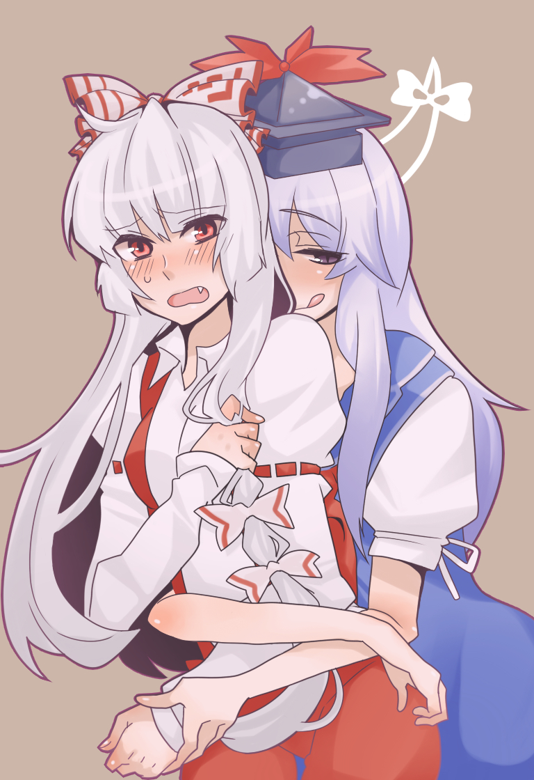 rui (t kimi), fujiwara no mokou, kamishirasawa keine, touhou, arm grab, bad id, bad pixiv id, 2girls, blue hair, blush, bow, fang, female focus, grey hair, hair bow, hat, horns, hug, licking lips, long hair, multiple girls, naughty face, purple eyes, red eyes, tongue, tongue out, you gonna get raped, yuri