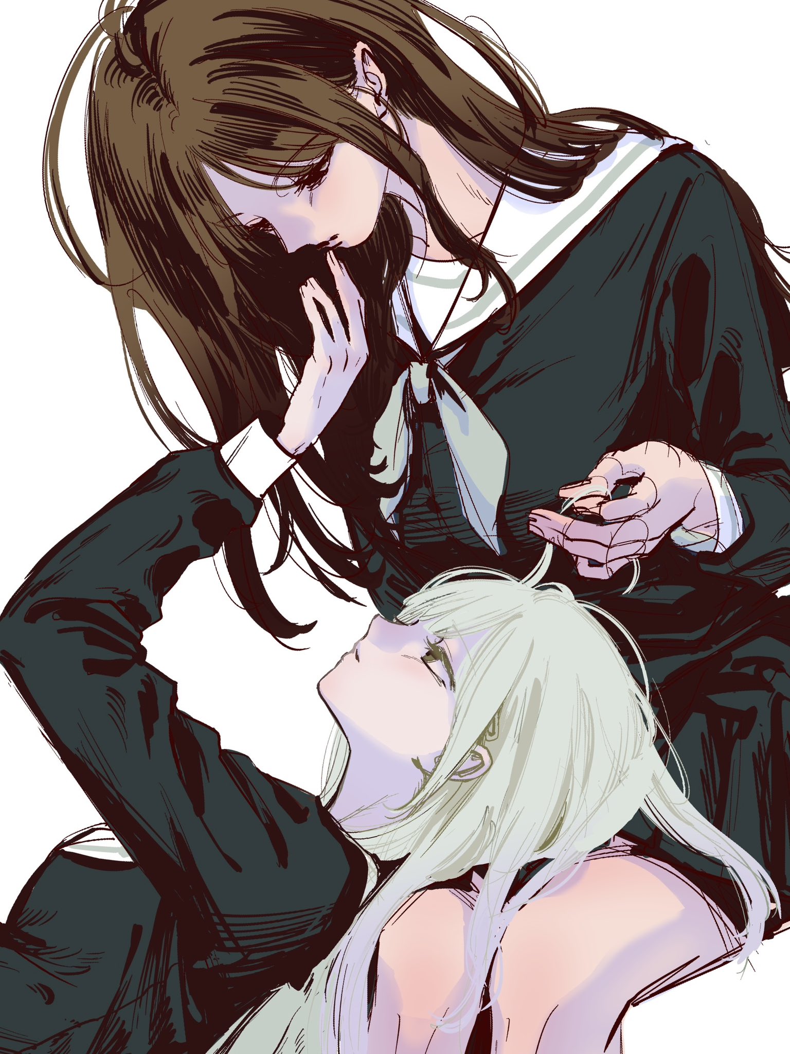 nagasaki soyo, wakaba mutsumi, bang dream!, bang dream! it's mygo!!!!!, highres, 12thfog, 2girls, black shirt, brown hair, green hair, grey neckerchief, hair ornament, hairclip, hand in another's hair, lap pillow, long hair, multiple girls, neckerchief, parted lips, sailor collar, school uniform, shirt, simple background, tsukinomori school uniform, white background, white sailor collar, yuri