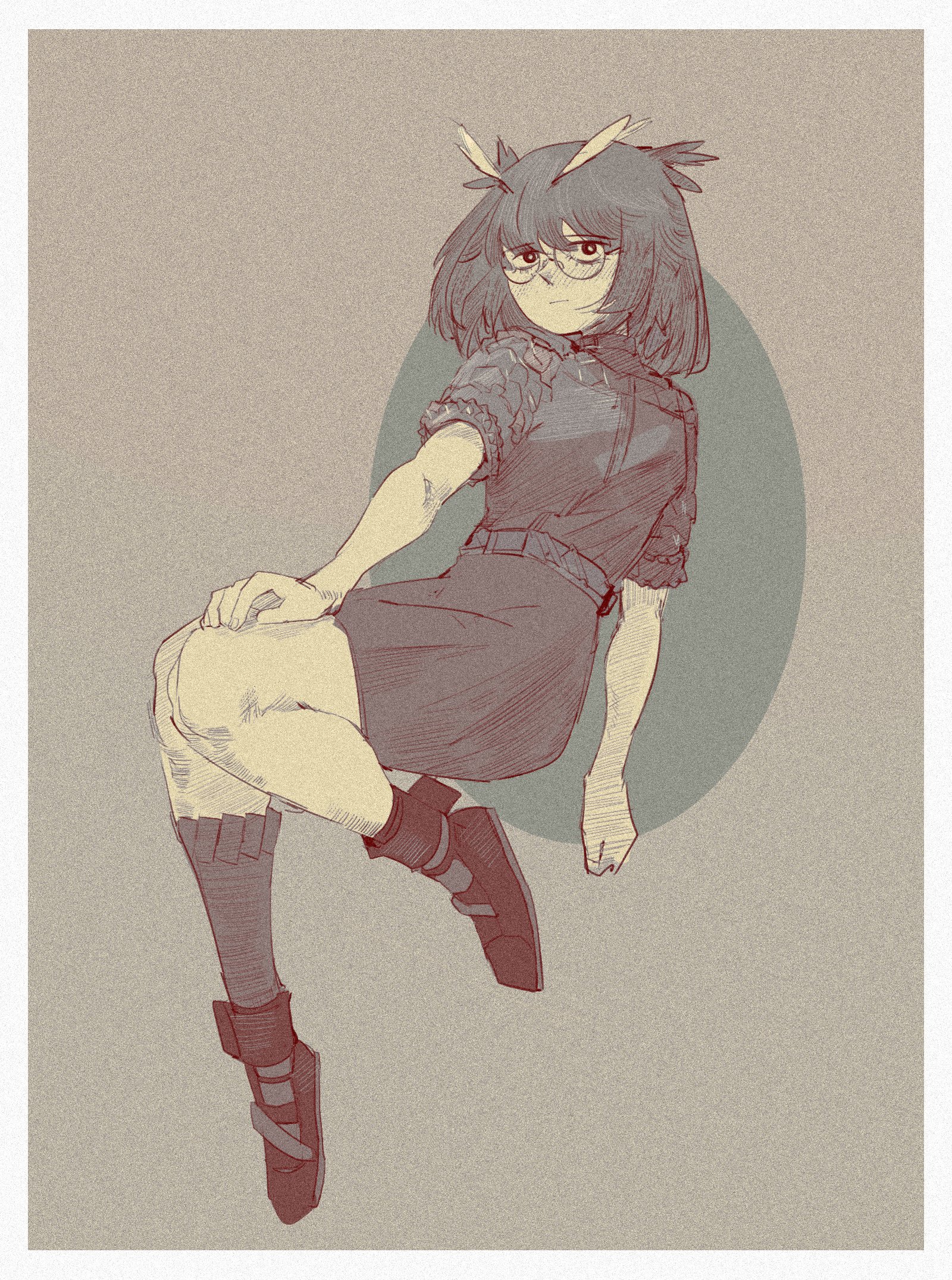 silence (ambience synesthesia) (arknights), silence (arknights), arknights, highres, 1girl, :|, belt, blush, boots, breasts, closed mouth, collared dress, dress, expressionless, feather hair, film grain, full body, glasses, hand on own knee, heavy film grain, i sleepingnow, invisible chair, kneehighs, knees together feet apart, looking at viewer, medium hair, monochrome, official alternate costume, owl ears, owl girl, pencil dress, round eyewear, short sleeves, sidelocks, single kneehigh, single sock, sitting, small breasts, socks, solo