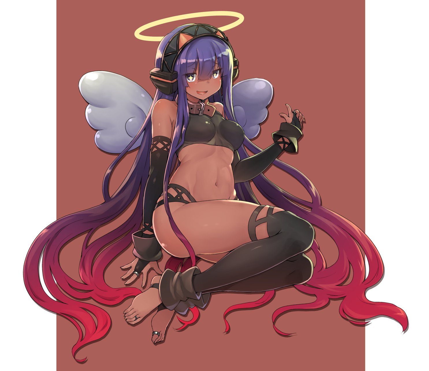 itou ryuusei, original, commentary request, highres, + +, 1girl, armpit crease, bare shoulders, barefoot, belt collar, black bridal gauntlets, breasts, bridal gauntlets, brown background, brown collar, collar, dark-skinned female, dark skin, hairband, halo, jewelry, looking at viewer, navel, open mouth, purple eyes, purple hair, simple background, smile, stirrup legwear, stomach, toe ring, toeless legwear, wings