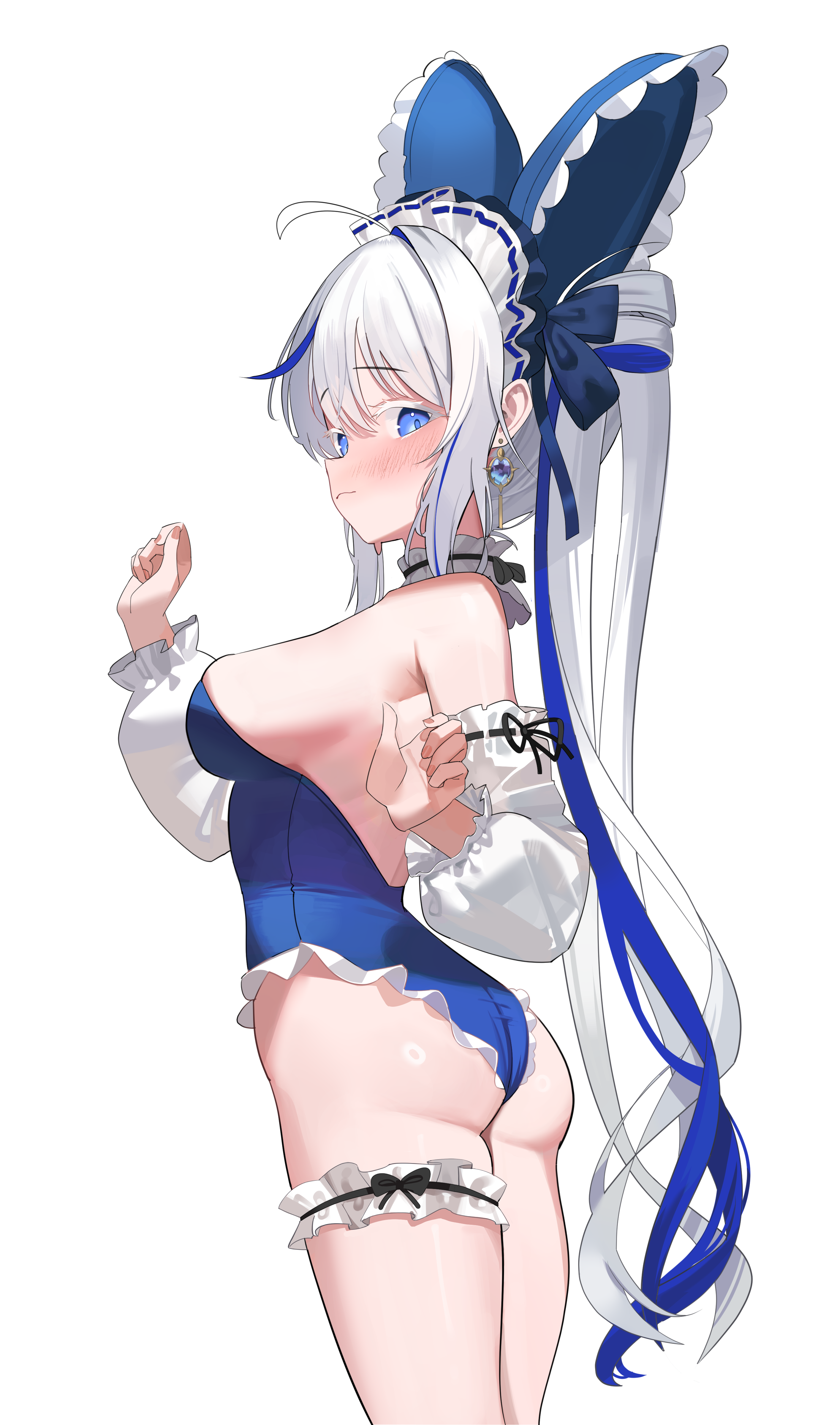 siopon12, aokumo rin, stellive, absurdres, commentary, highres, symbol-only commentary, 1girl, ahoge, ass, bare shoulders, black choker, blue eyes, blue leotard, blue ribbon, blue streaks, blush, breasts, choker, closed mouth, cowboy shot, detached sleeves, earrings, embarrassed, fingernails, frilled choker, frilled hairband, frilled leotard, frilled thigh strap, frills, from behind, hair ribbon, hairband, hand up, jewelry, large breasts, leotard, long hair, looking at viewer, multicolored hair, puffy sleeves, ribbon, simple background, solo, thigh strap, two-tone hair, white background, white hair, white sleeves