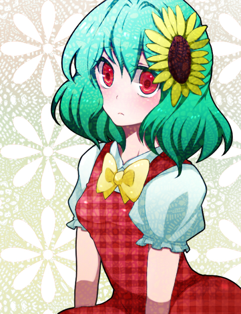 rui (t kimi), kazami yuuka, touhou, bad id, bad pixiv id, 1girl, :<, aqua hair, blush, bow, bowtie, dress, female focus, flower, frown, gradient hair, green hair, hair flower, hair ornament, multicolored hair, plaid clothes, plaid dress, red eyes, short hair, solo, sunflower, unmoving pattern, upper body