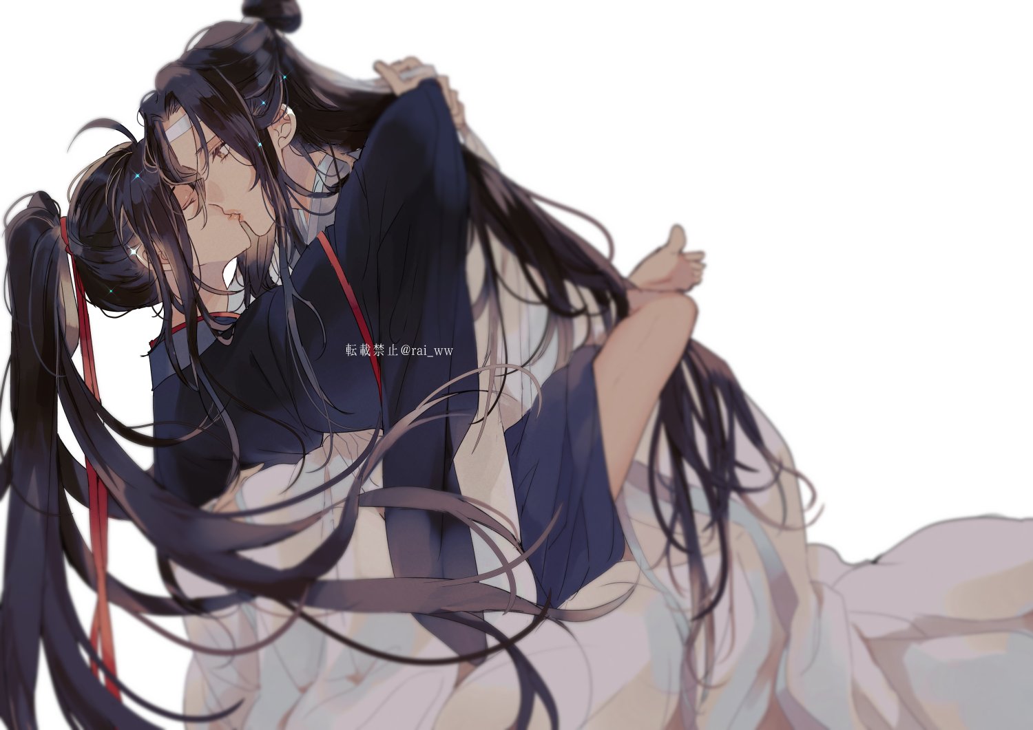 amana raika, lan wangji, wei wuxian, modao zushi, hashtag-only commentary, 2boys, ahoge, arms around neck, barefoot, bishounen, black hair, chinese clothes, closed eyes, closed mouth, couple, from side, hair ribbon, hanfu, headband, high ponytail, hug, kiss, leg lock, long hair, long sleeves, looking at another, male focus, multiple boys, ponytail, profile, red ribbon, ribbon, robe, sidelocks, simple background, sitting, sitting on lap, sitting on person, topknot, twitter username, very long hair, white background, white hanfu, white headband, wide sleeves, yaoi, yellow eyes
