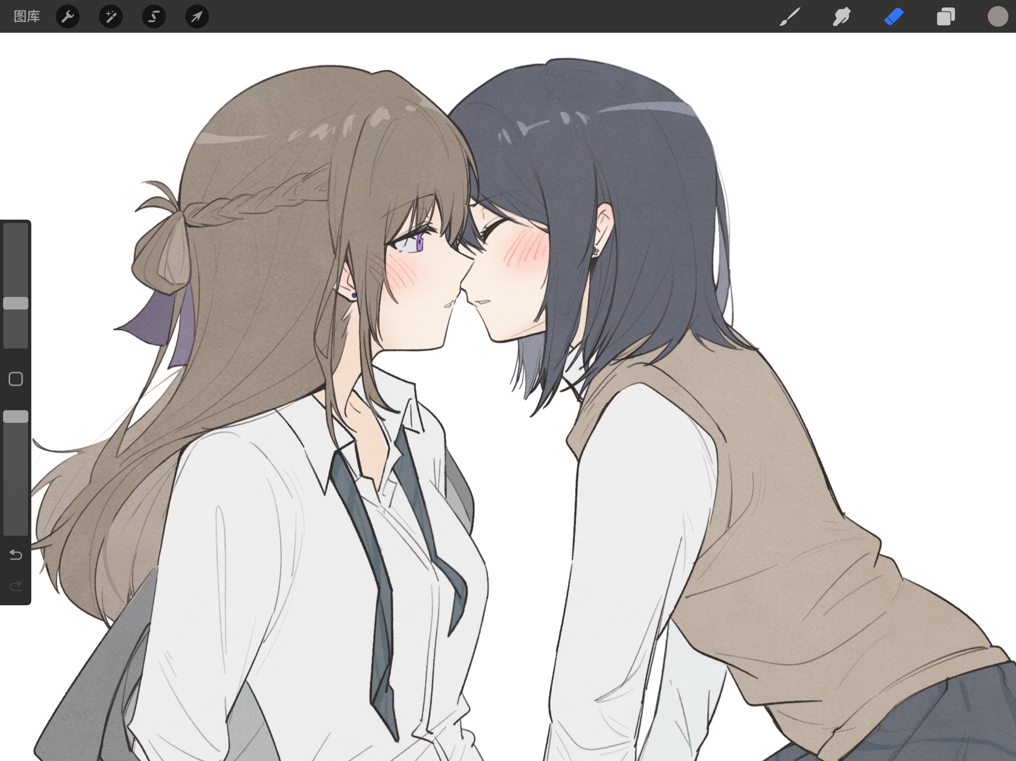 miyagi shiori, sendai hazuki, shuuniichido classmate wo kau hanashi, commentary, hashtag-only commentary, highres, 2girls, art program in frame, black hair, blush, braid, brown hair, brown sweater vest, closed eyes, collared shirt, hair ribbon, half up braid, imminent kiss, long hair, medium hair, mim120809, multiple girls, parted lips, purple eyes, purple ribbon, ribbon, school uniform, shirt, sweater vest, white shirt, yuri