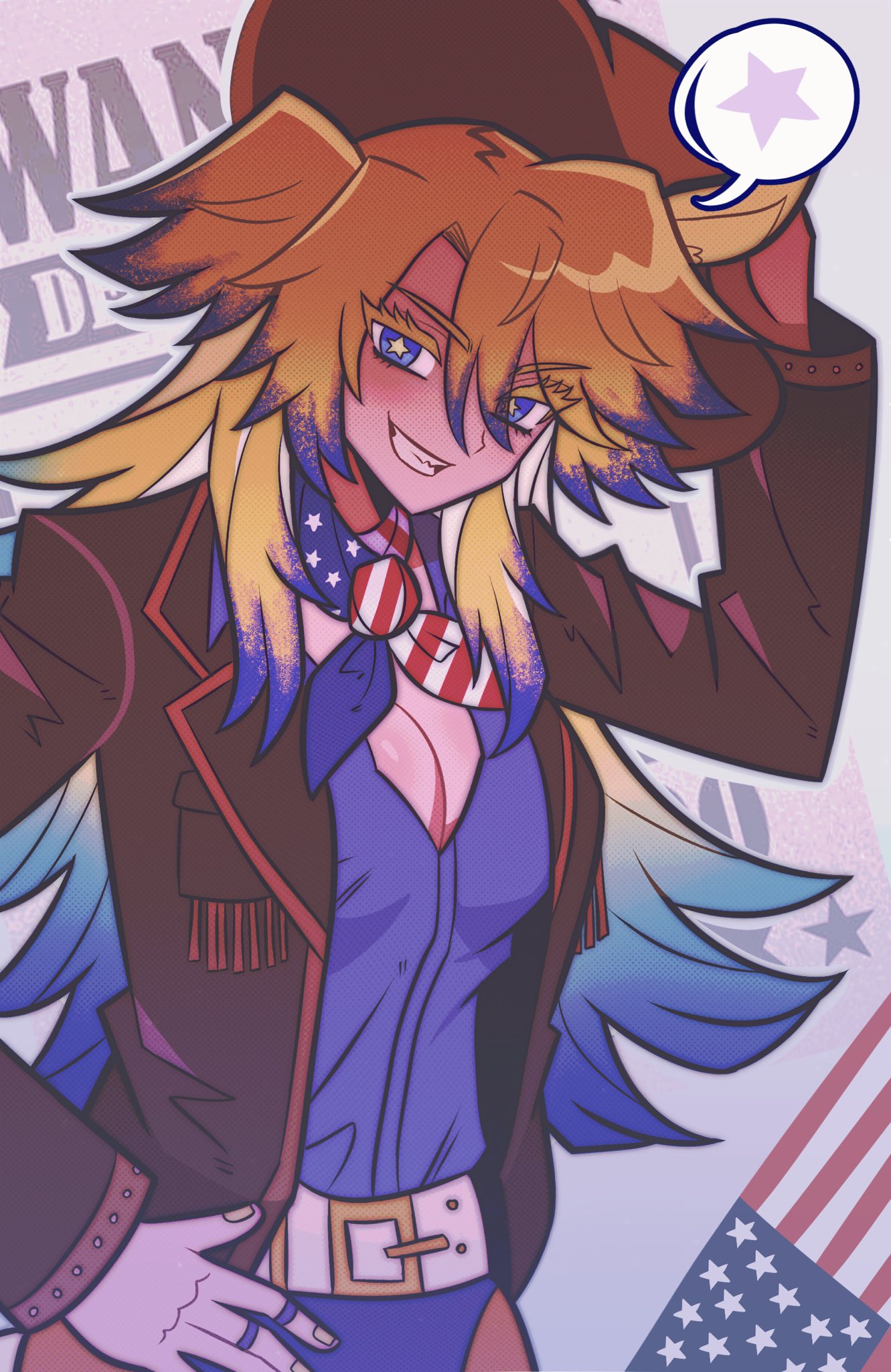 obey your master (umamusume), umamusume, umamusume: cinderella gray, highres, 1girl, american flag, american flag print, animal ears, bandana, bandana around neck, belt, black jacket, blonde hair, blue eyes, blue hair, blue shirt, breasts, cleavage, cowboy hat, flag print, gloves, grin, hat, horse ears, horse girl, jacket, large breasts, long hair, looking at viewer, multicolored hair, open clothes, open jacket, open mouth, shirt, smile, solo, speech bubble, star-shaped pupils, star (symbol), symbol-shaped pupils, teeth, two-tone hair, wanted poster, white belt, white gloves, youareddong1134