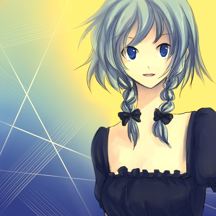 onimaru gonpei, izayoi sakuya, touhou, 1girl, alternate costume, blue eyes, braid, dress, female focus, long neck, ribbon, smile, solo, twin braids, upper body, white hair