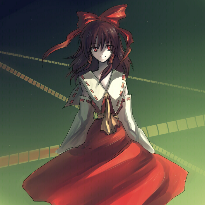 onimaru gonpei, hakurei reimu, touhou, 1girl, brown hair, detached sleeves, female focus, gradient background, japanese clothes, miko, red eyes, ribbon, short hair, smile, solo