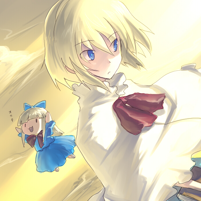 onimaru gonpei, alice margatroid, touhou, 2girls, blonde hair, blue eyes, capelet, cloud, doll, female focus, multiple girls, outdoors, short hair, sky, solo, sunset, upper body
