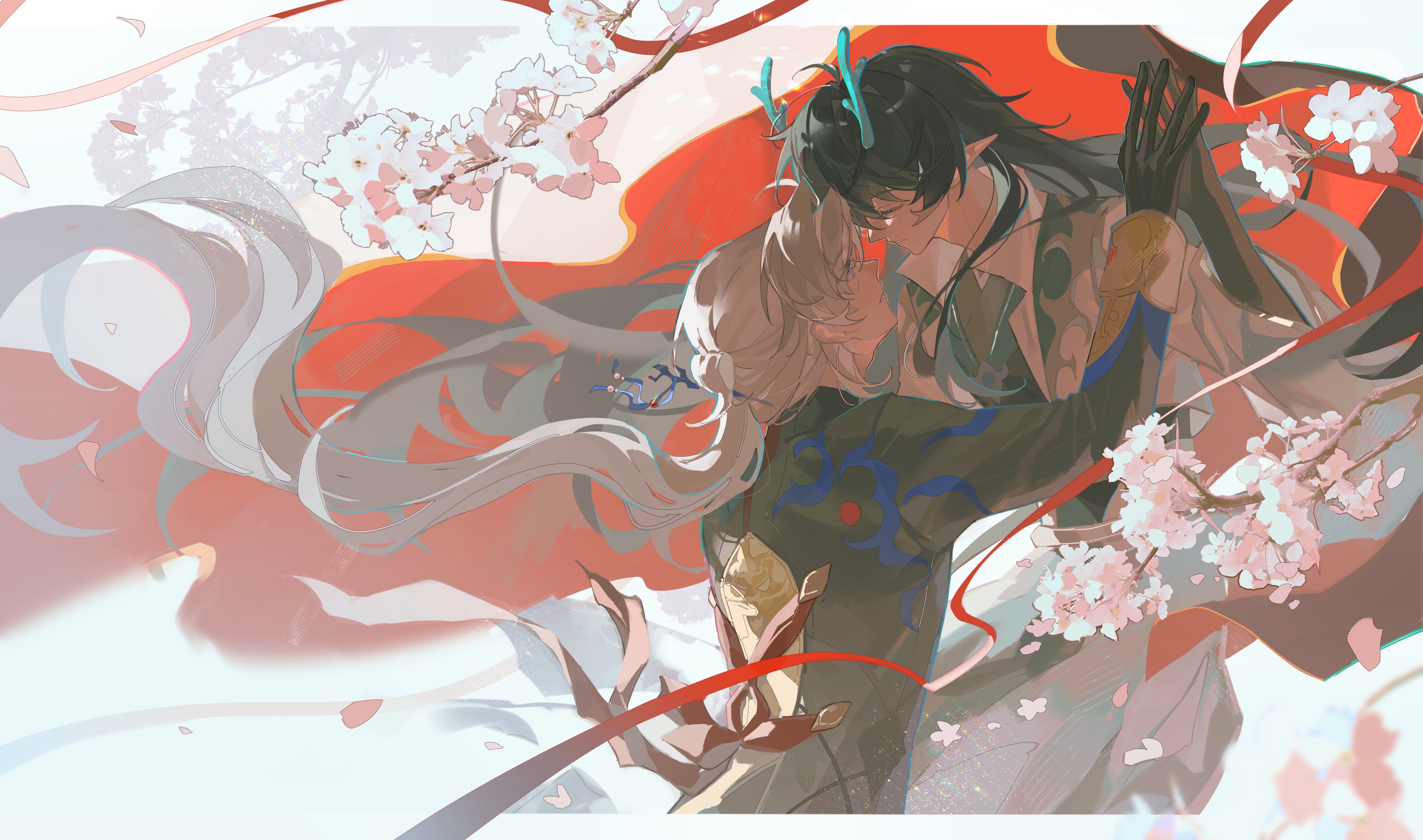 luningzi, blade (honkai: star rail), dan feng (honkai: star rail), dan heng (honkai: star rail), dan heng (imbibitor lunae) (honkai: star rail), yingxing (honkai: star rail), honkai: star rail, honkai (series), absurdres, chinese commentary, commentary request, highres, 2boys, aqua horns, black gloves, black hair, black jacket, black shirt, border, branch, cherry blossoms, chinese clothes, closed eyes, cowboy shot, cropped jacket, dragon boy, dragon horns, eastern dragon horns, elbow gloves, eyeliner, face-to-face, facing another, falling petals, flower, from side, gloves, hair between eyes, hair ornament, hair rings, hair stick, half updo, horns, jacket, letterboxed, long hair, long sleeves, looking at another, makeup, male focus, multiple boys, open clothes, open jacket, outside border, palms together, parted lips, petals, pink flower, pointy ears, profile, purple eyes, red eyeliner, red ribbon, red veil, ribbon, robe, shirt, single hair ring, sleeve cuffs, upper body, veil, very long hair, white background, white border, white hair, white jacket, white robe, wide sleeves, wind, yaoi