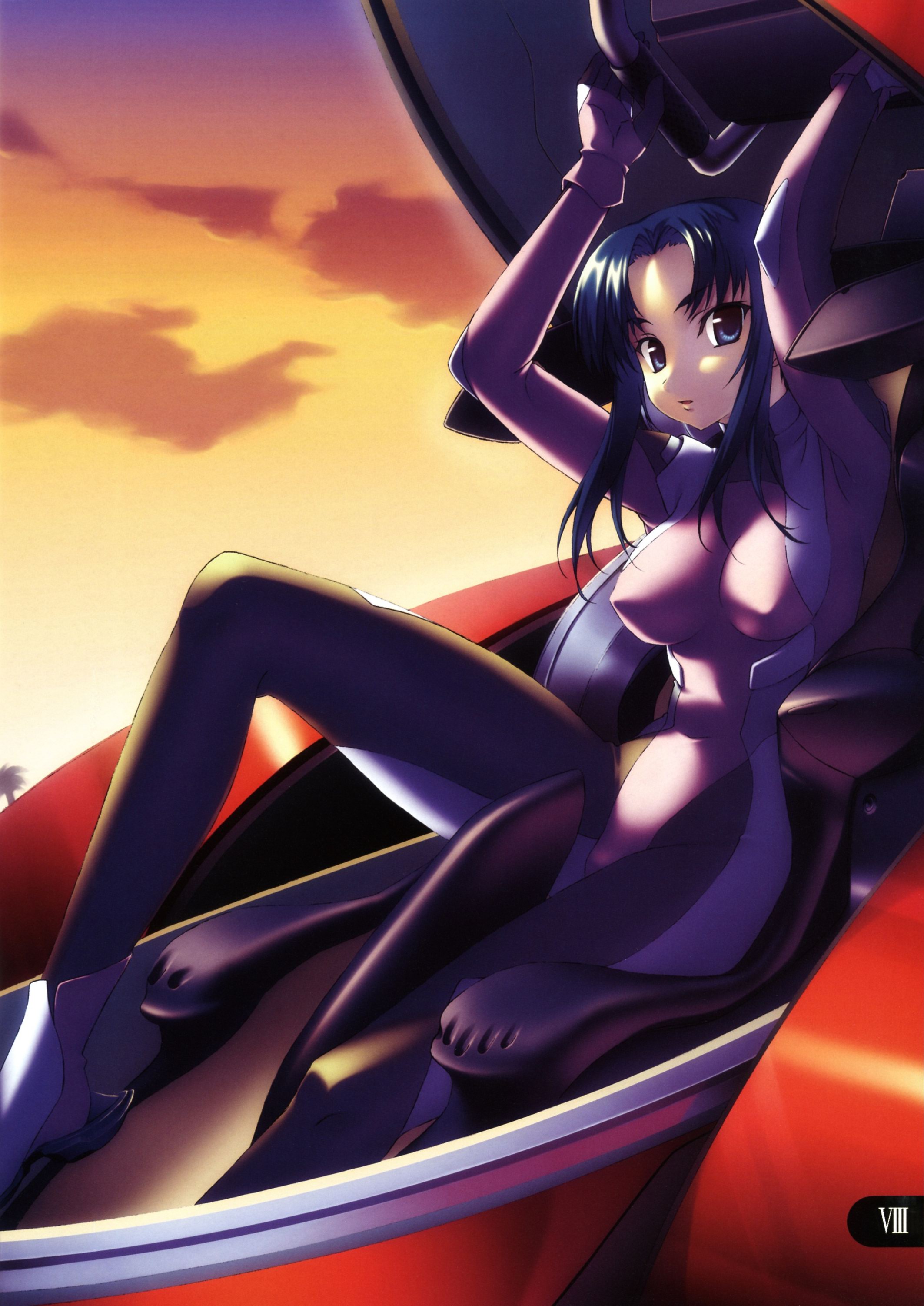 miyatsuki itsuka, asakura ryoko, suzumiya haruhi no yuuutsu, pilot suit, absurdres, highres, 1girl, blue eyes, blue hair, bodysuit, breasts, cosplay, female focus, long hair, matching hair/eyes, outdoors, skin tight, sky, solo, spandex