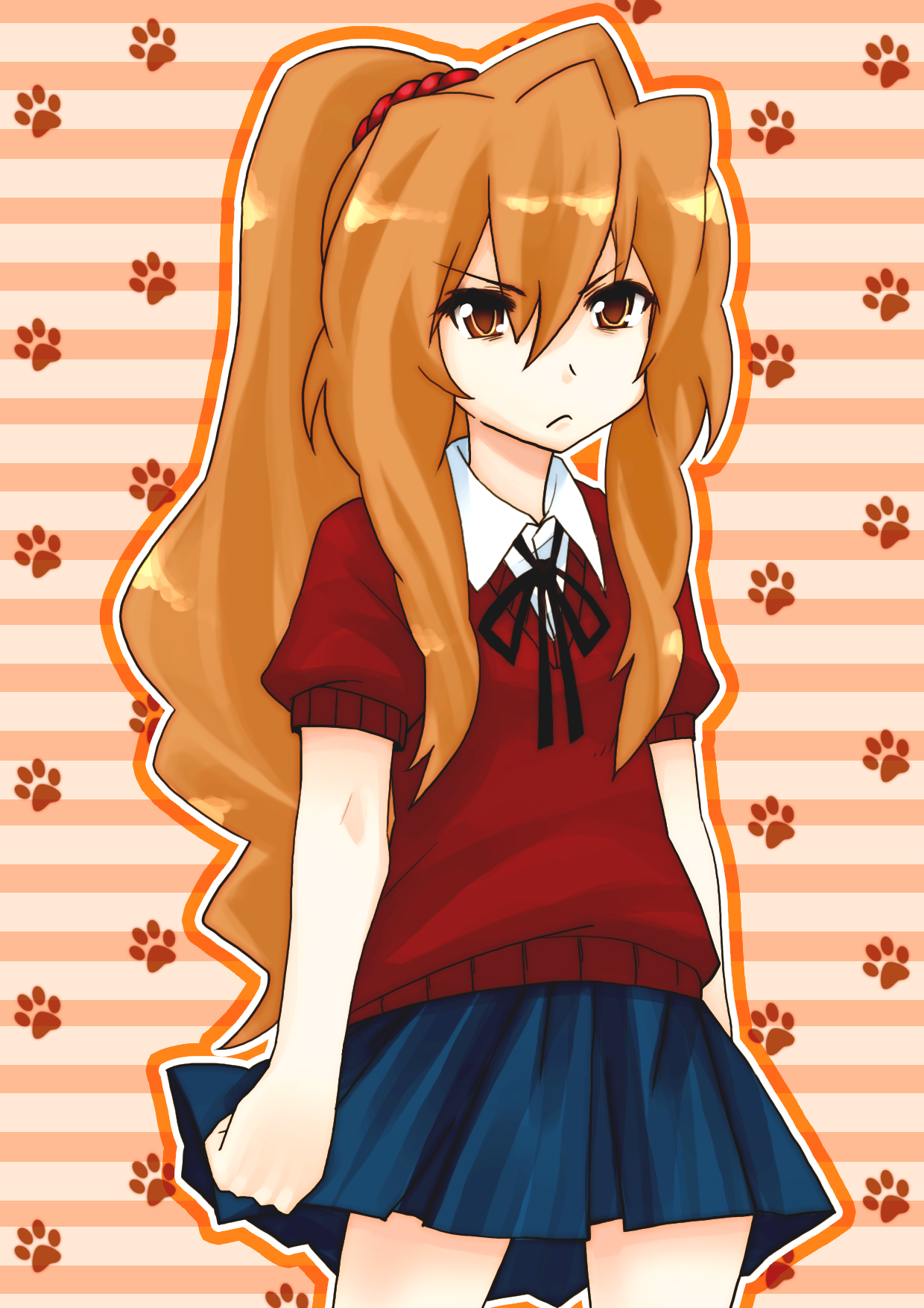 ro man, aisaka taiga, toradora!, highres, 00s, 1girl, :<, brown eyes, brown hair, female focus, frown, long hair, neck ribbon, paw print, ponytail, ribbon, school uniform, scowl, skirt, solo