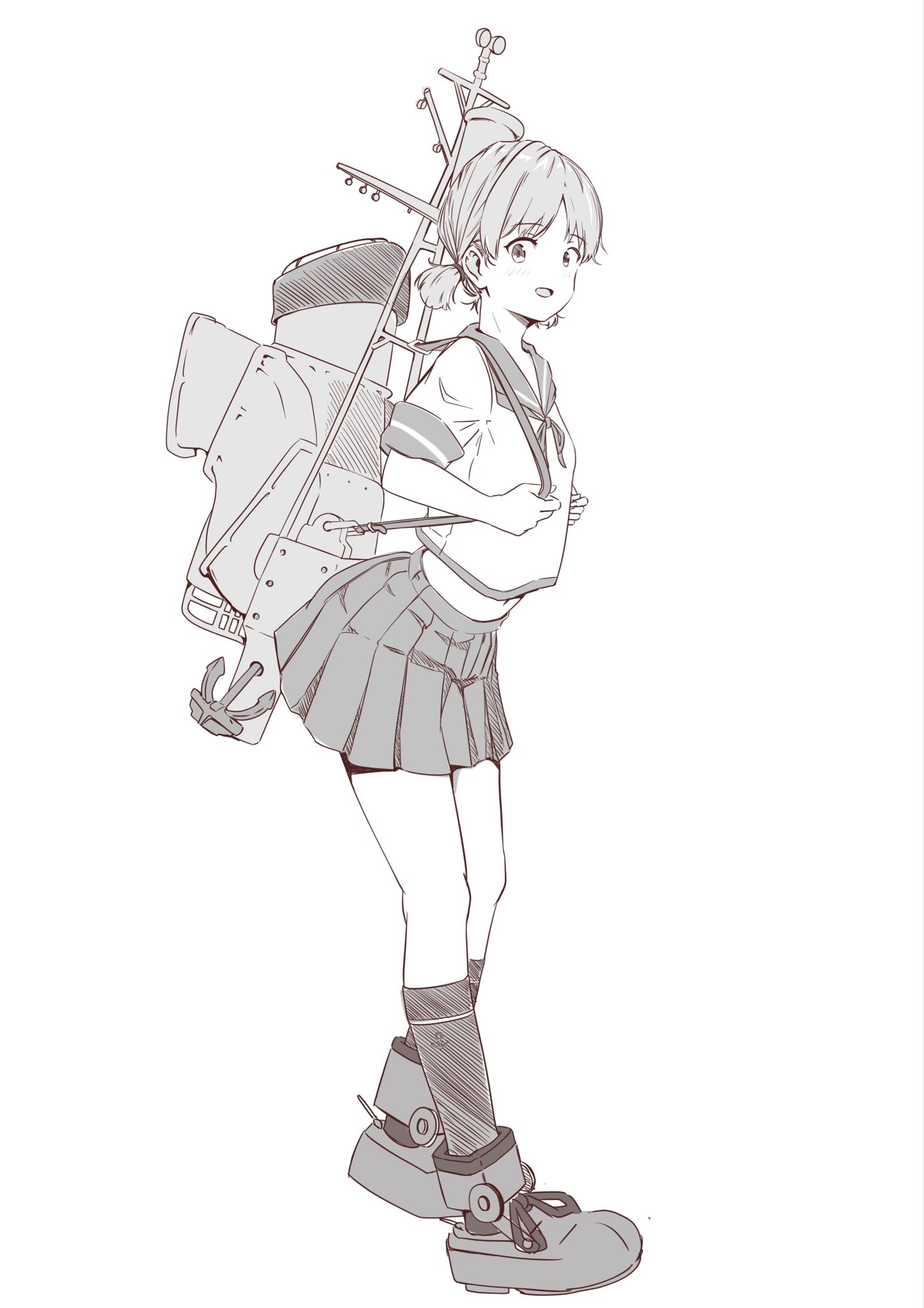 chakoru, shirayuki (kancolle), kantai collection, highres, 1girl, anchor, full body, greyscale, looking at viewer, low twintails, monochrome, pleated skirt, sailor collar, sailor shirt, school uniform, serafuku, shirt, short hair, skirt, smokestack, socks, solo, standing, twintails, ventilation shaft