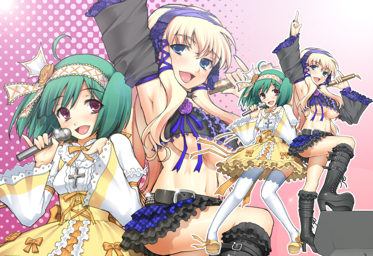 kotobuki utage, ranka lee, sheryl nome, macross, macross frontier, 00s, 2girls, adapted costume, armpits, blonde hair, boots, breasts, fang, frills, green hair, microphone, multiple girls, navel, thighhighs, underboob