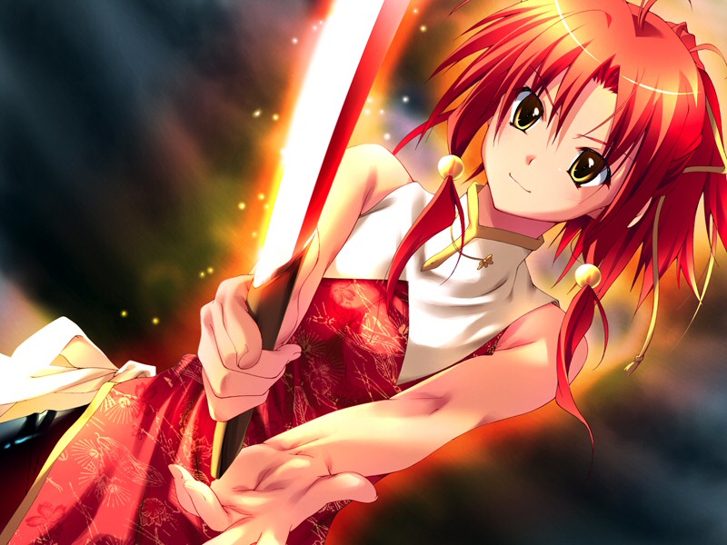 kokonoka, kazezaki natsuki, ouka (game), blade, game cg, source request, 1girl, ahoge, bare arms, bare shoulders, china dress, chinese clothes, dress, dutch angle, female focus, foreshortening, glowing, hair ornament, hair ribbon, night, outstretched arms, outstretched hand, ponytail, reaching, red hair, ribbon, short hair, sky, sleeveless, smile, solo, weapon, yellow eyes