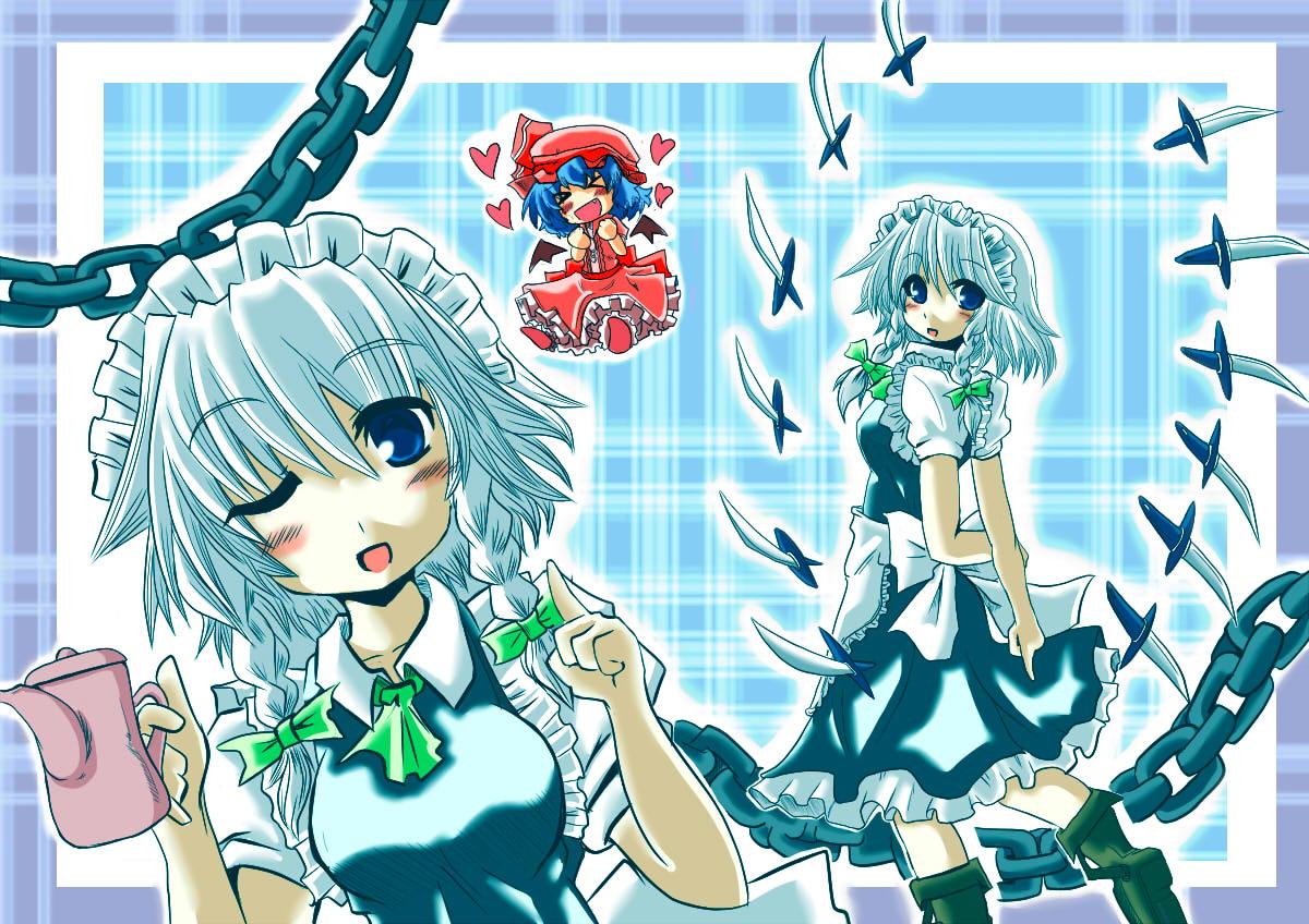 ishimori sakana, izayoi sakuya, remilia scarlet, touhou, bad id, bad pixiv id, > <, 2girls, artistic error, chibi, closed eyes, female focus, heart, knife, maid, multiple girls, one eye closed, teapot, wink, wrong hand