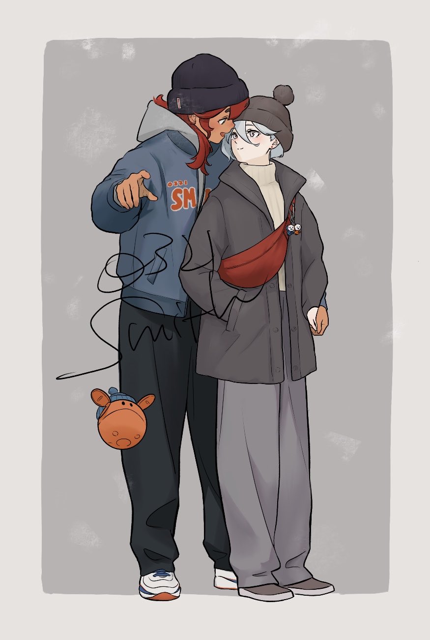 0321smith, haro, hood, hots (gundam suisei no majo), miorine rembran, suletta mercury, gundam, gundam suisei no majo, commentary request, highres, 2girls, beanie, black hat, black jacket, black pants, blue jacket, brown shoes, cool (gundam suisei no majo), earrings, fanny pack, grey background, grey eyes, grey hair, grey hoodie, grey pants, hat, holding hands, hoodie, jacket, jewelry, long hair, multiple girls, open mouth, pants, red hair, shoes, short hair, signature, smile, stud earrings, sweater, thick eyebrows, white shoes, white sweater, yuri