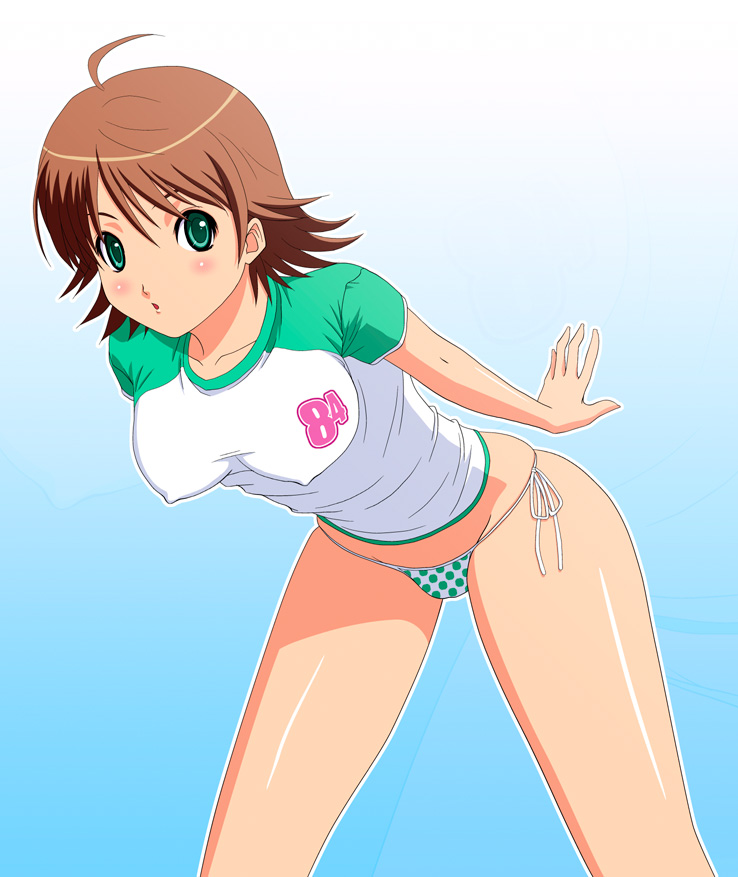 hitsukirai, awakened miki, hoshii miki, idolmaster, idolmaster (classic), 00s, 1girl, ahoge, breasts, brown hair, covered erect nipples, female focus, green eyes, medium breasts, no pants, panties, raglan sleeves, side-tie panties, solo, underwear