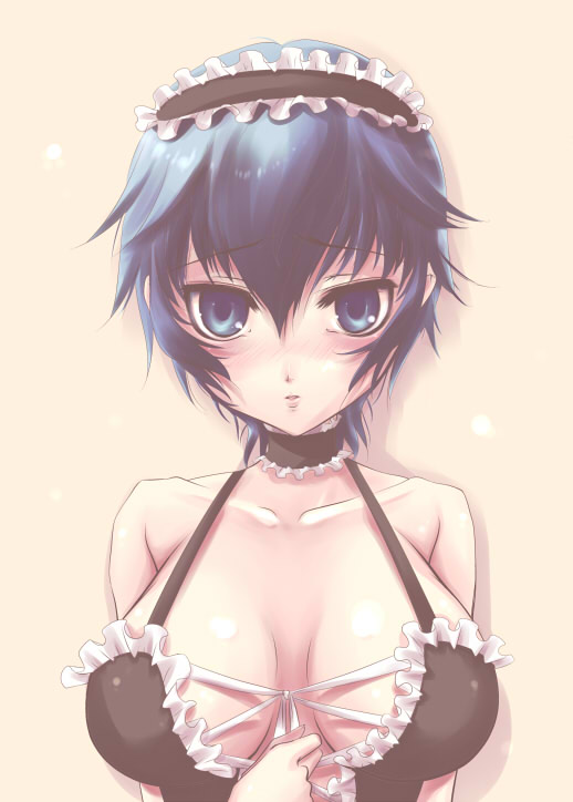 sakurasawa yukino, shirogane naoto, atlus, persona, persona 4, 1girl, blue eyes, blue hair, blush, breasts, bustier, choker, cleavage, female focus, large breasts, maid, matching hair/eyes, short hair, solo