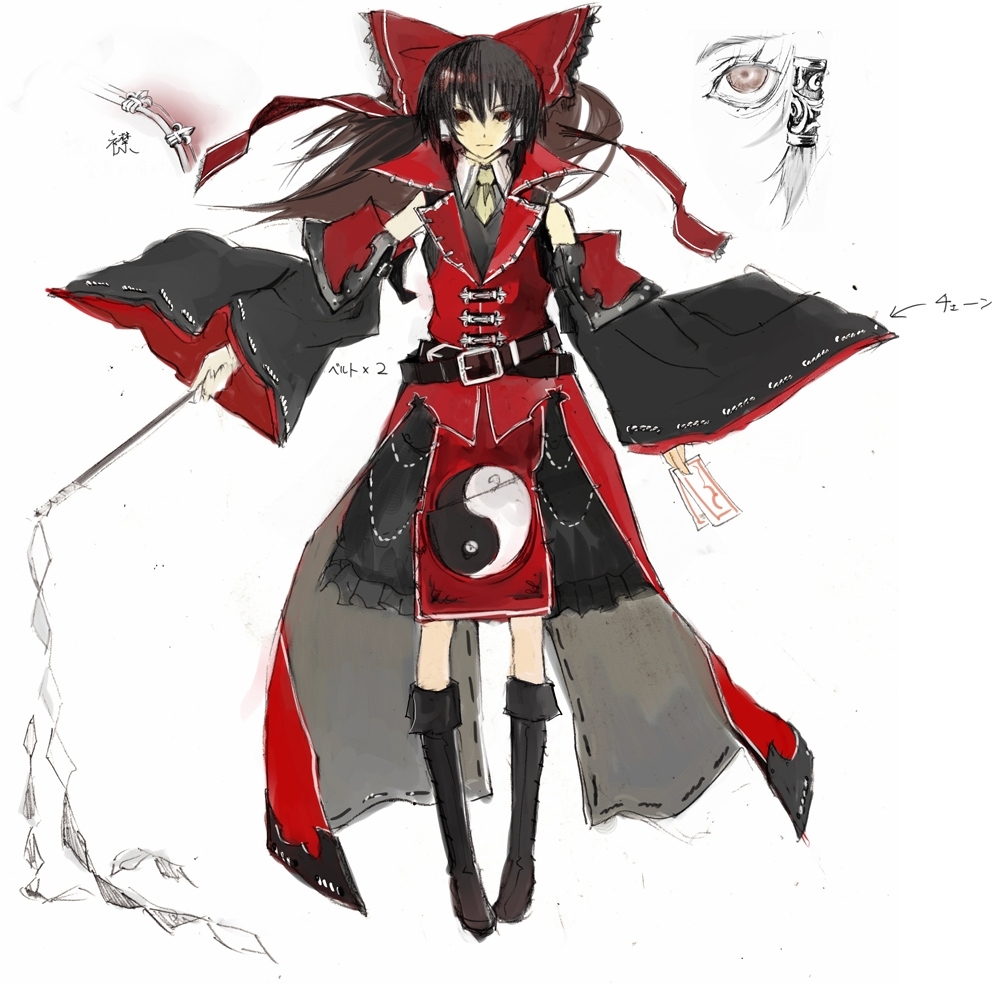 banpai akira, hakurei reimu, castlevania (series), koumajou densetsu, koumajou densetsu 1, touhou, concept art, 1girl, alternate costume, boots, bow, detached sleeves, female focus, gohei, hair bow, japanese clothes, miko, ofuda, ribbon, shide, solo, yin yang