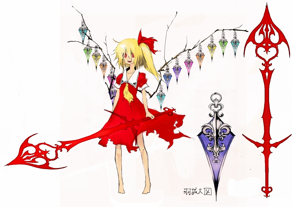 banpai akira, flandre scarlet, castlevania (series), embodiment of scarlet devil, koumajou densetsu, koumajou densetsu 1, touhou, 1girl, alternate costume, alternate wings, barefoot, blonde hair, female focus, laevatein, red eyes, short hair, solo, sword, weapon, wings