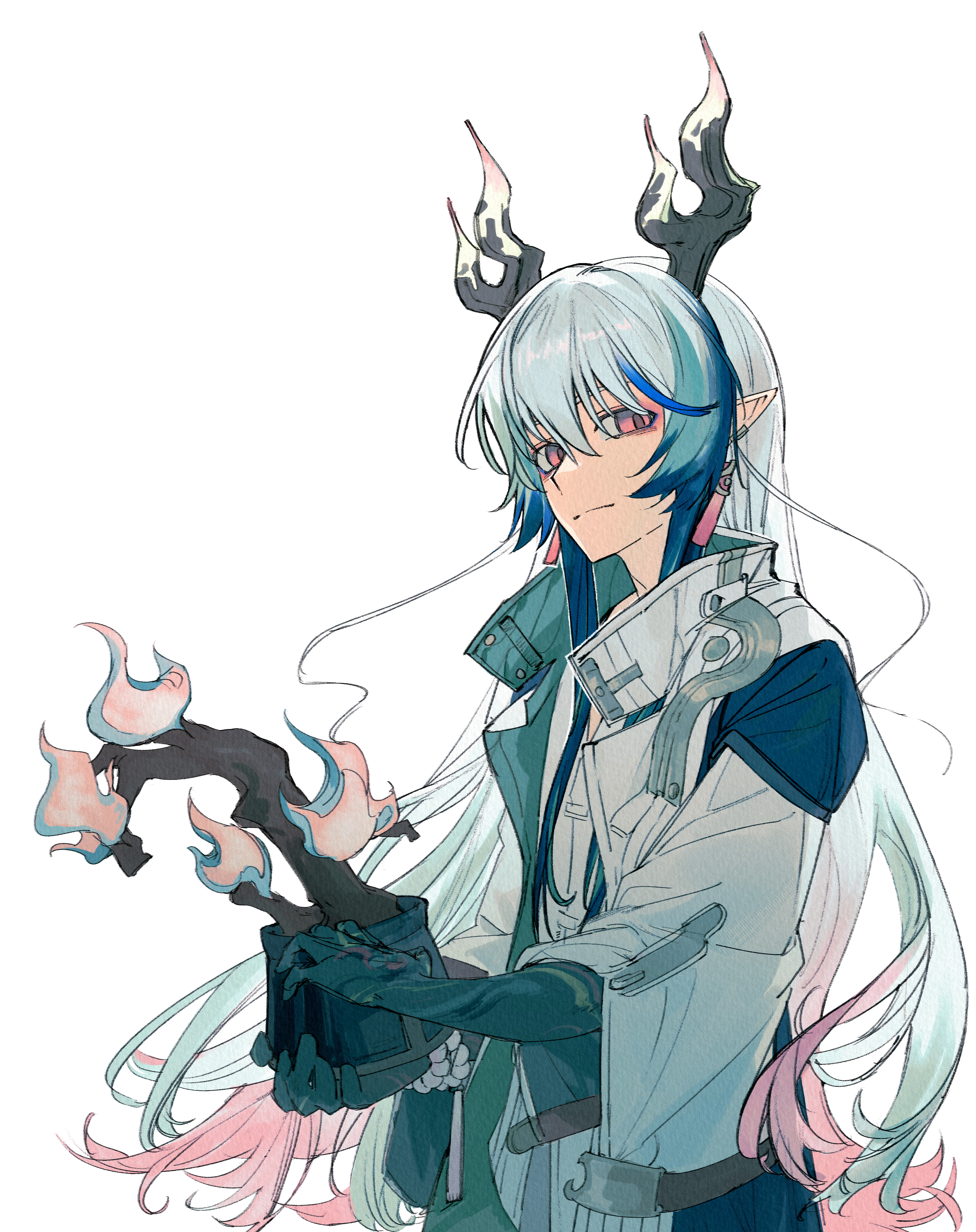 arknights, absurdres, chinese commentary, commentary request, highres, 1boy, blue hair, blue hands, closed mouth, colored extremities, dragon boy, dragon horns, earrings, eastern dragon horns, flower pot, grey hair, hair between eyes, holding, holding flower pot, horns, jacket, jewelry, long hair, looking at viewer, male focus, multicolored hair, ofuda earrings, pink eyes, plant, pointy ears, potted plant, simple background, smile, solo, songshu guan, streaked hair, upper body, white background, white jacket, yi (arknights)
