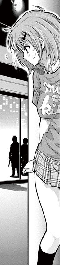 non-web source, ahoge, black socks, breasts, chousuinou kei, collared shirt, cowboy shot, crowd, hair ornament, hairpin, hiding, kinoshita maori, medium breasts, miniskirt, plaid clothes, plaid skirt, pleated skirt, print shirt, profile, shirt, short hair, short sleeves, skirt, smile, socks, standing, straight-on, sweat, t-shirt