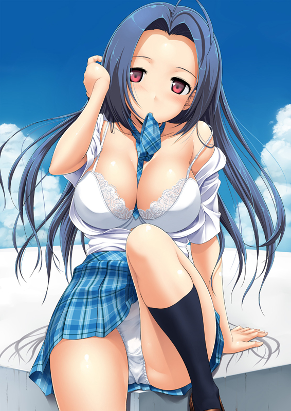 takayaki, miura azusa, idolmaster, idolmaster (classic), black legwear, 00s, 1girl, blue hair, bra, breasts, cleavage, day, female focus, large breasts, lingerie, long hair, mouth hold, necktie, off shoulder, panties, pantyshot, plaid clothes, plaid necktie, plaid skirt, red eyes, rough time school, school uniform, sitting, skirt, sky, solo, underwear