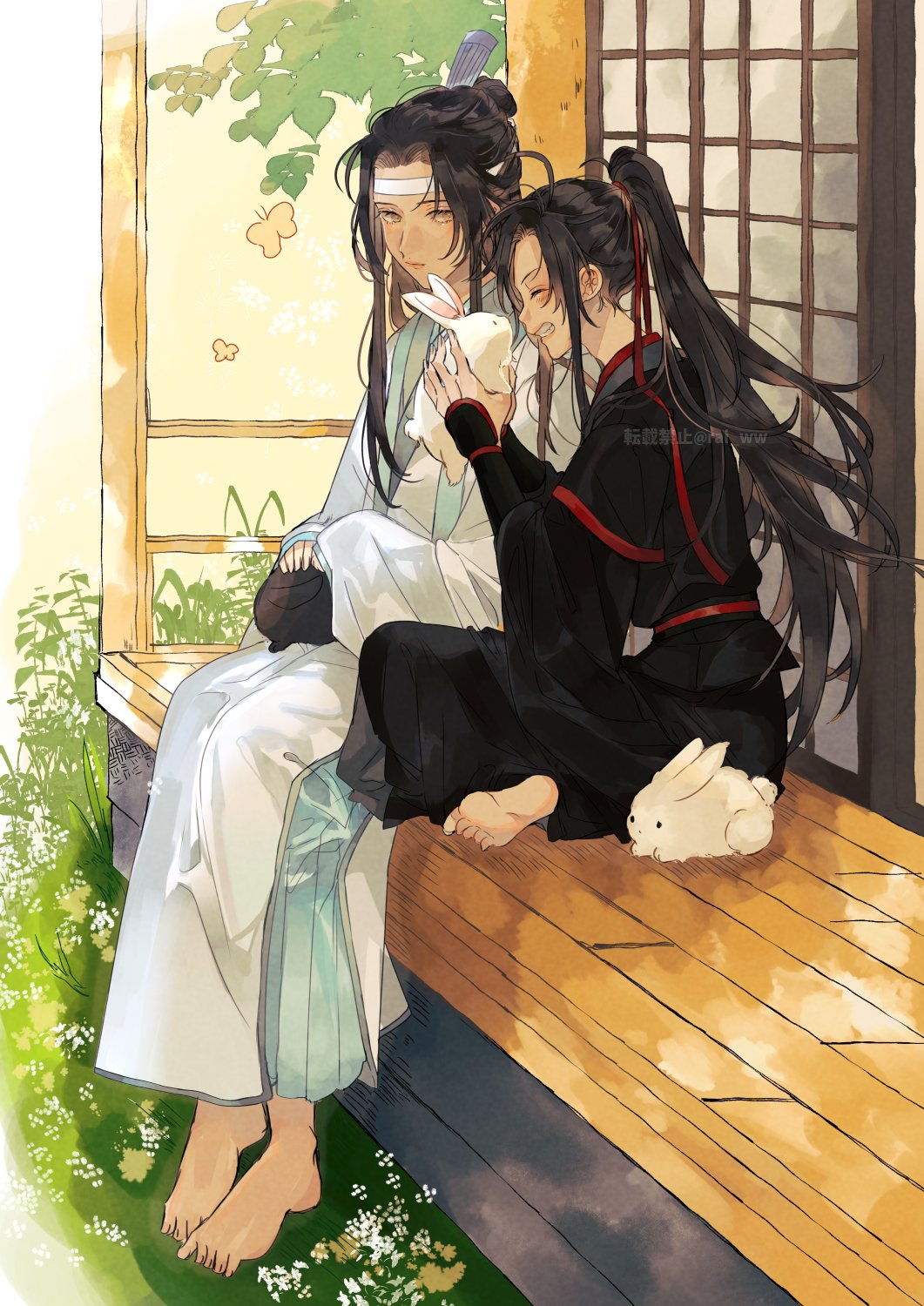 amana raika, lan wangji, wei wuxian, modao zushi, commentary request, highres, 2boys, ahoge, animal, animal on lap, barefoot, black hair, black hanfu, black rabbit (animal), blush, bug, butterfly, chinese clothes, closed eyes, closed mouth, couple, day, flower, full body, grass, grin, hair ribbon, hanfu, headband, high ponytail, holding, holding animal, holding rabbit, insect, leaf, leaning on person, long hair, long sleeves, looking at another, male focus, multiple boys, on lap, outdoors, ponytail, porch, rabbit, red ribbon, red sash, ribbon, robe, sash, sidelocks, sitting, sliding doors, smile, topknot, tree, twitter username, veranda, watermark, white hanfu, white headband, white rabbit (animal), wide sleeves, xiao guan (headdress), yaoi, yellow eyes