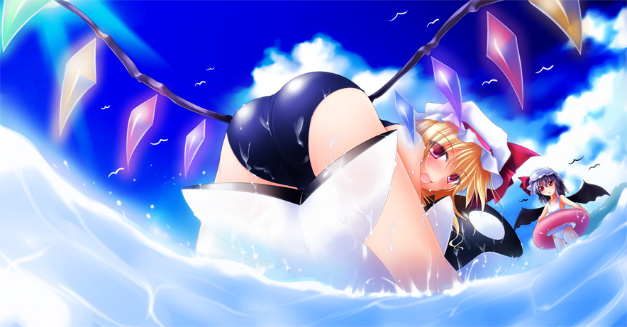 gisyo, flandre scarlet, remilia scarlet, touhou, bad id, bad pixiv id, 2girls, ass, day, female focus, inflatable raft, inflatable toy, inflatable whale, innertube, loli, multiple girls, one-piece swimsuit, school swimsuit, siblings, sisters, splashing, swim ring, swimsuit, water, whale, white one-piece swimsuit, white school swimsuit, wings