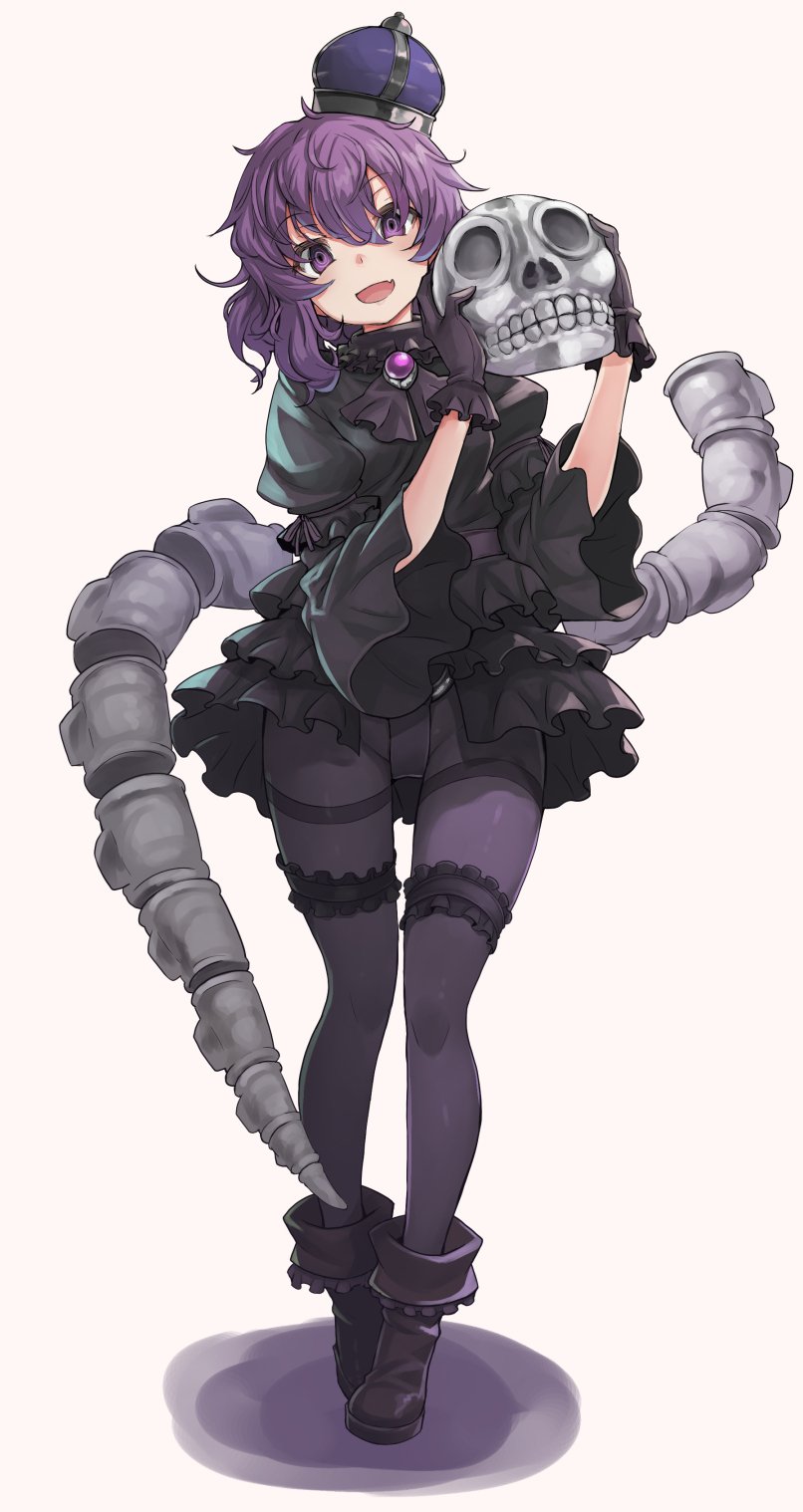 itou ryuusei, original, commentary request, highres, 1girl, :d, black gloves, black shoes, breasts, crown, fang, full body, gloves, holding, holding skull, looking at viewer, medium hair, mini crown, open mouth, pantyhose, purple eyes, purple hair, purple pantyhose, shoes, simple background, skin fang, skull, smile, solo, spine, standing