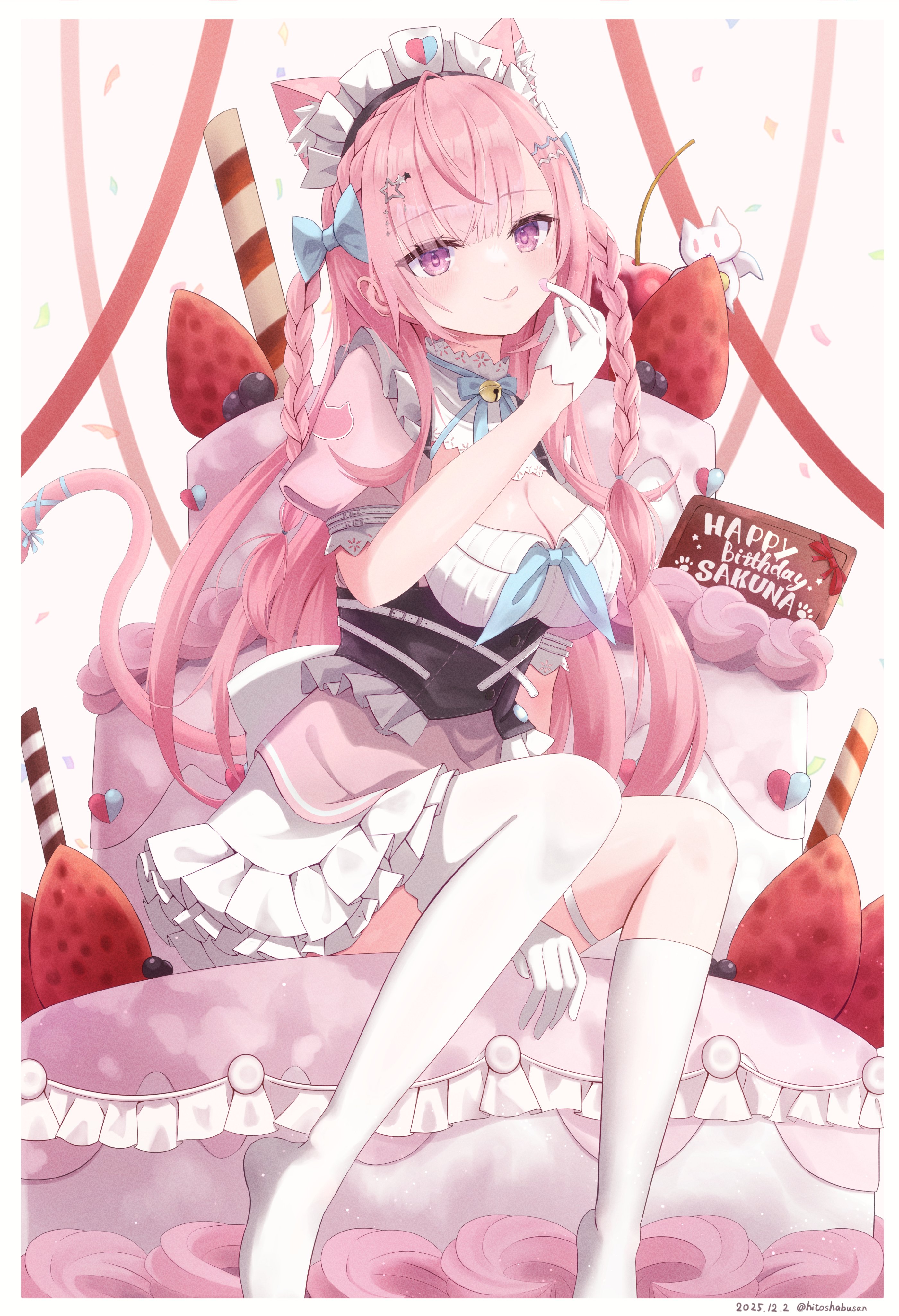 hitoshamu, yuuki sakuna, indie virtual youtuber, absurdres, commentary request, highres, 1girl, animal ears, asymmetrical legwear, braid, breasts, cat ears, cat girl, character name, cleavage, dated, dress, english text, gloves, hair ornament, half gloves, happy birthday, kneehighs, large breasts, long hair, looking at viewer, maid, maid headdress, pink dress, pink eyes, pink hair, short sleeves, sitting, socks, solo, thighhighs, uneven legwear, virtual youtuber, white gloves, white socks, white thighhighs