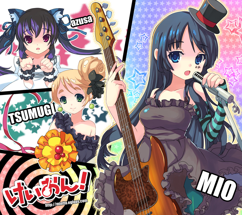mintchoco (orange shabette), akiyama mio, kotobuki tsumugi, nakano azusa, don't say "lazy", k-on!, 00s, 3girls, alternate hairstyle, animal ears, blonde hair, blue eyes, blue hair, dress, earrings, facepaint, frills, green eyes, guitar, hat, instrument, jewelry, long hair, microphone, microphone stand, mini hat, mini top hat, multiple girls, pantyhose, paw pose, purple eyes, red eyes, top hat