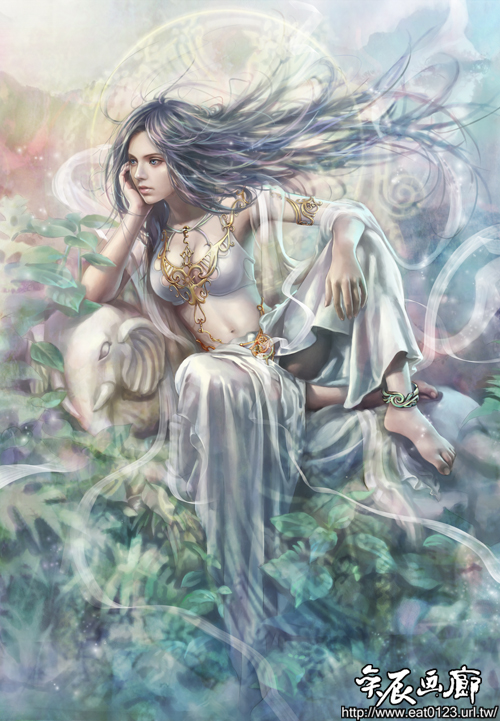 eat, eat0123, original, 1girl, anklet, armlet, barefoot, breasts, cleavage, feet, female focus, green eyes, head rest, jewelry, lips, long hair, midriff, nature, realistic, solo, spread legs, watermark