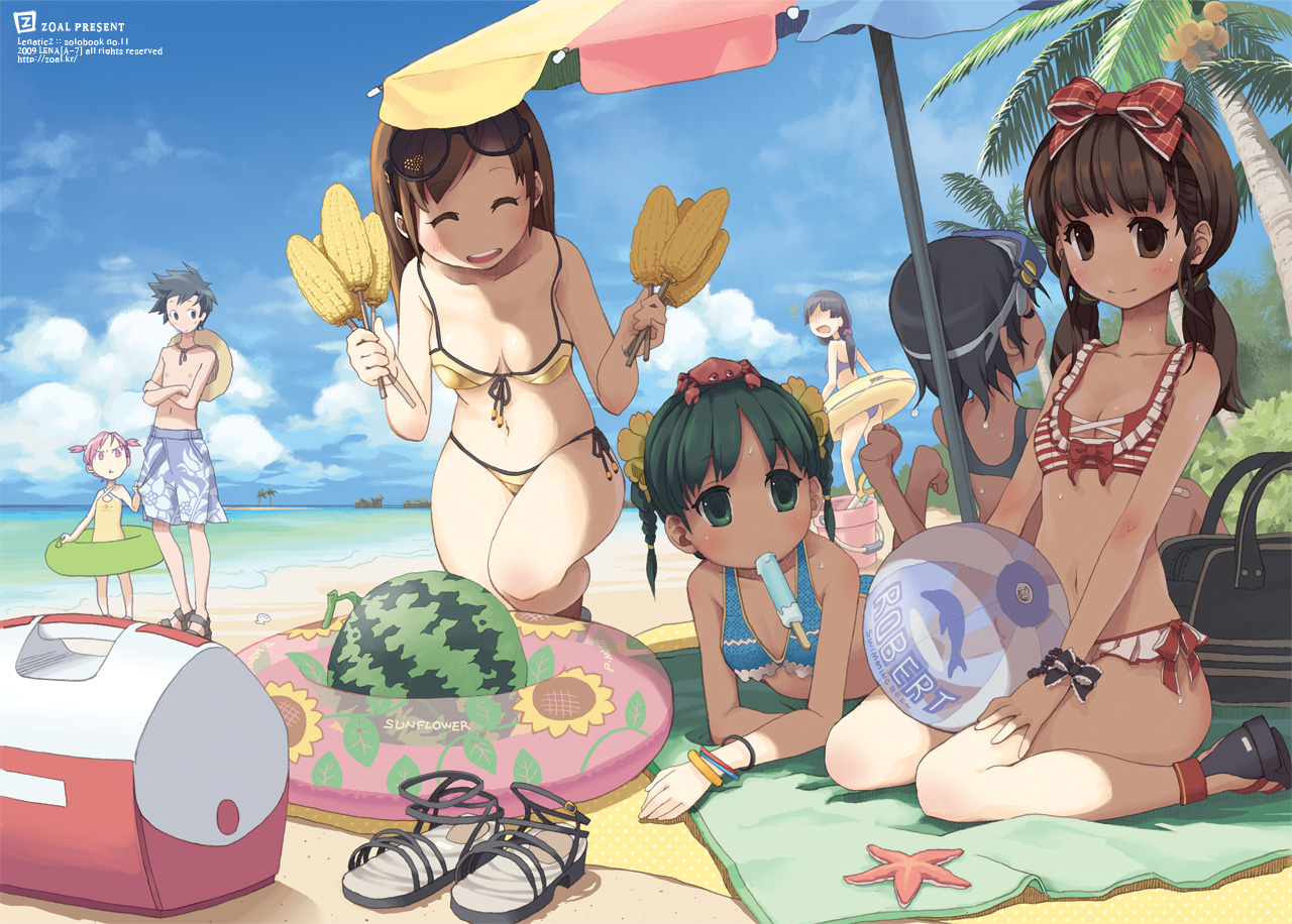len (a-7), original, bad id, bad pixiv id, 1boy, 6+girls, ^ ^, ball, beach, beach umbrella, beachball, bikini, blanket, blue male swimwear, blue swim trunks, bow, closed eyes, clothes grab, cooler, corn, corn cob, crab, crustacean, day, diving mask, diving mask on head, downblouse, eyewear on head, food, frilled bikini, frills, fruit, goggles, goggles on head, harem, innertube, legs, long hair, male swimwear, melon, mouth hold, multiple girls, object on head, ocean, one-piece swimsuit, outdoors, popsicle, print male swimwear, print swim trunks, print swimsuit, sandals, shade, short hair, sleeve grab, smile, starfish, string bikini, sunglasses, swim ring, swim trunks, swimsuit, umbrella, yellow one-piece swimsuit